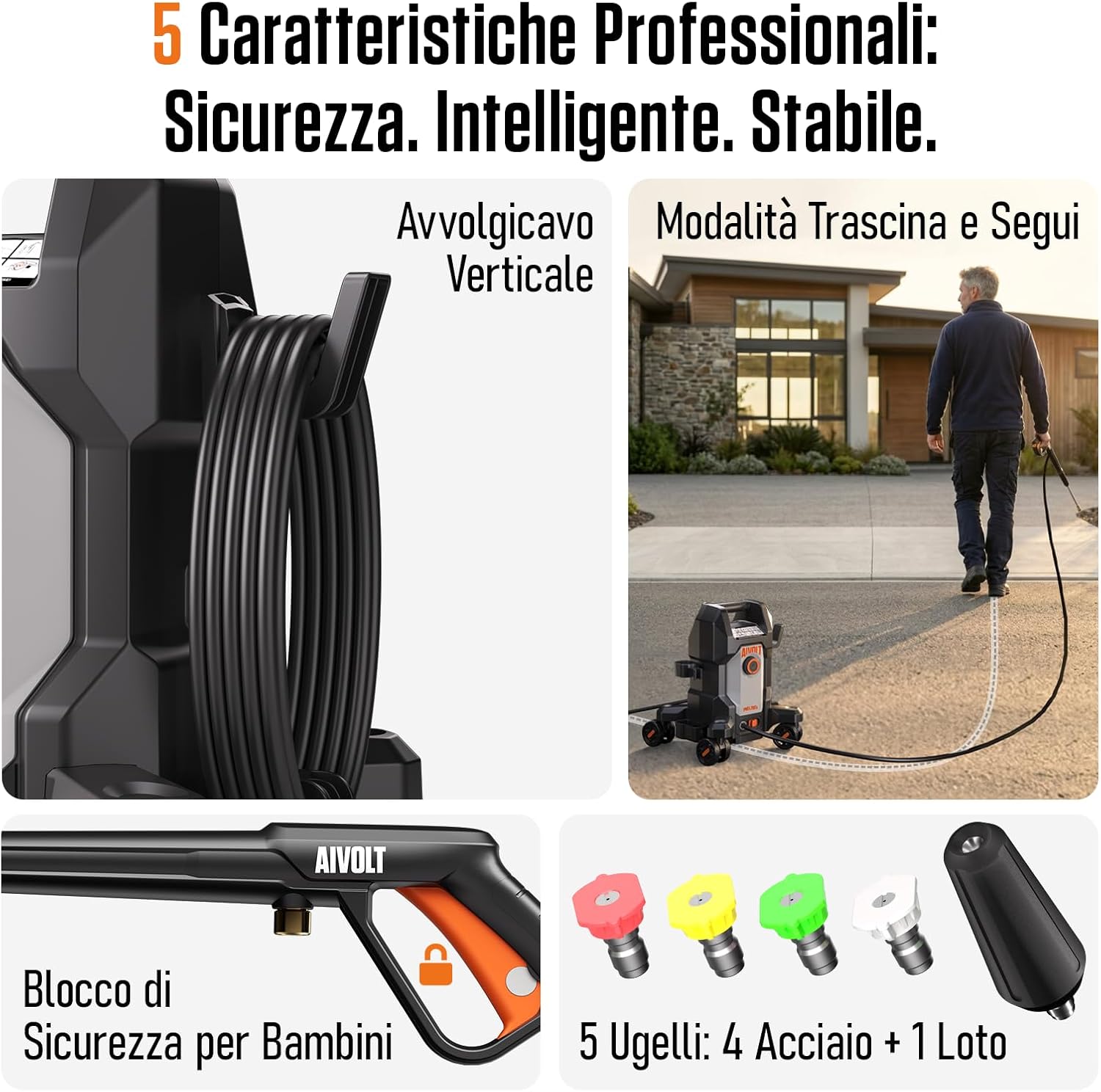 AIVOLT Idropulitrice ad Alta Pressione da 1800W, 170 Bar