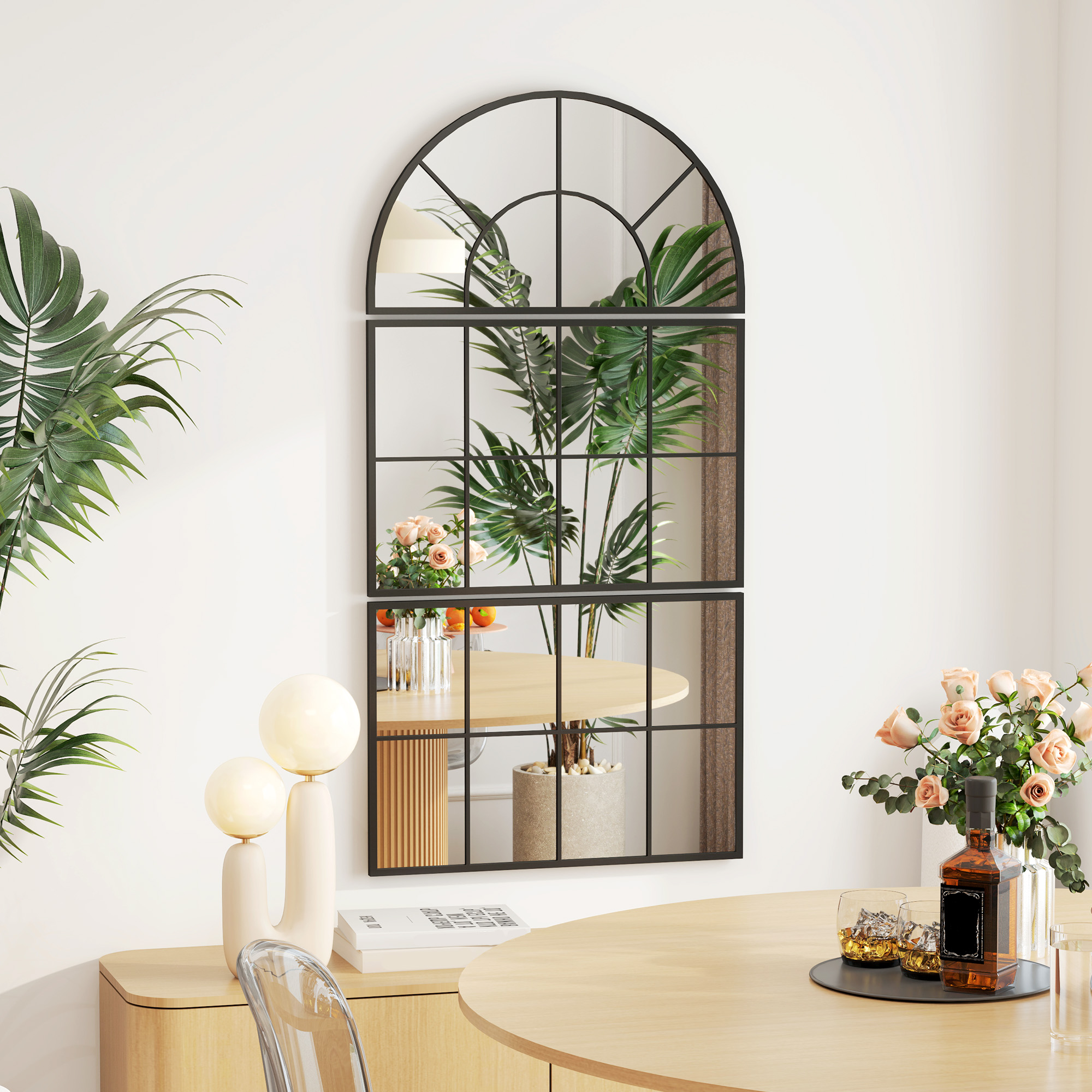 HOMCOM Wandspiegel, Fensterspiegel, dreiteilig, Metallrahmen, 76 x 53 cm, Schwarz
