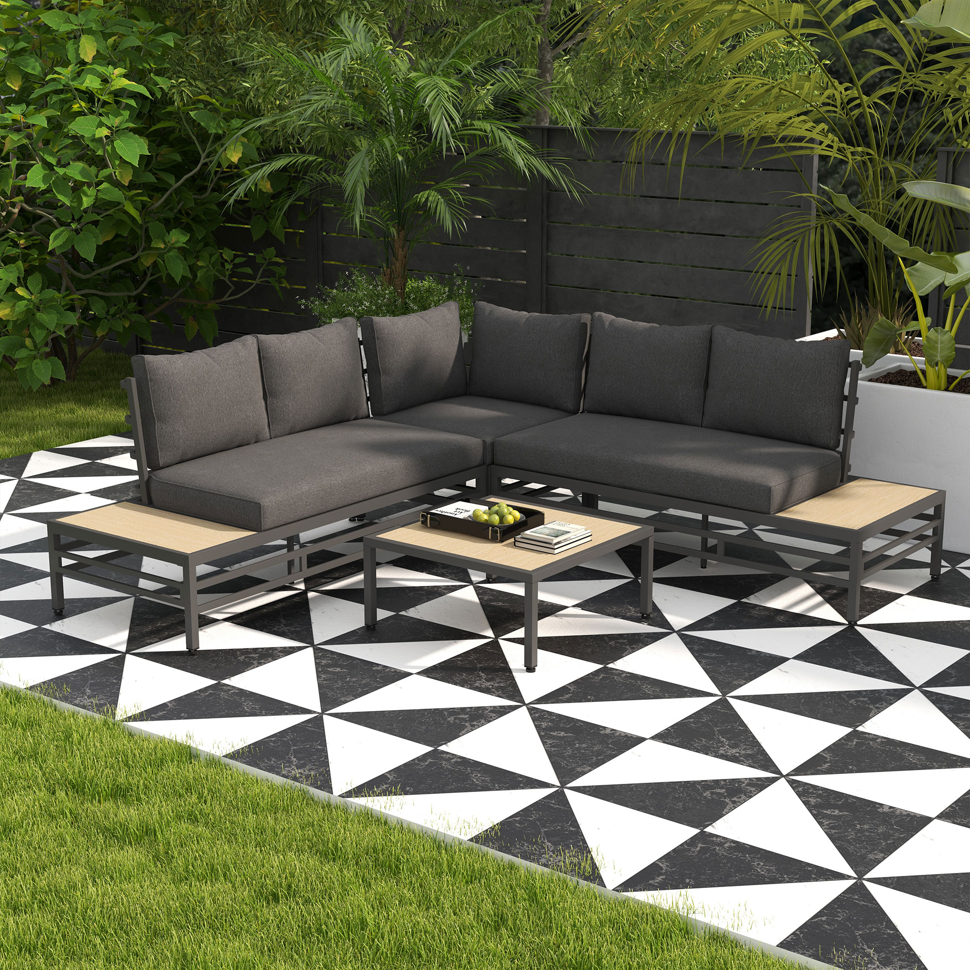 Outsunny Gartensitzgruppe Gartenmöbel-Set Lounge-Set, 1 Couchtisch, 2 Beistelltische, 2 Sofas, Dunkelgrau + Hellbraun+ Schwarz