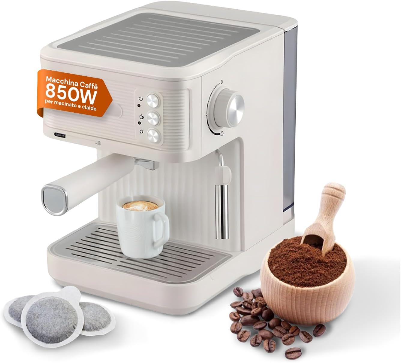 Avilia - Macchina Caffè 850W per Espresso Intenso con Filtro in Acciaio Inossidabile, Serbatoio da 2L e Compatibilità con Caffè Macinato e Cialde, Uso Facile e Design Compatto Nera