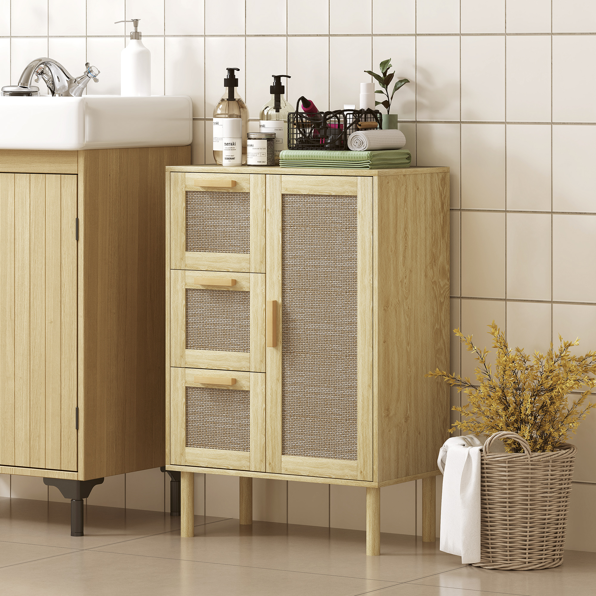HOMCOM Boho-Stil Schrank Aufbewahrungsmöbel mit 3 Schubladen und 3 Regalen, geflochtene Rattanfront, kompakt, 55 x 30 x 82 cm