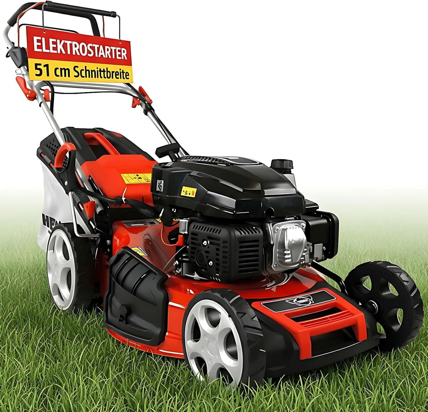 HECHT 5-IN-1 Benzin Rasenmäher - leistungsstarker 4 Takt Motor 4,0 kW (5,5 PS) - Elektrostart - 51 cm Schnittbreite - 65 l Fangkorb - Radantrieb - patentierte Räder - Mulchmäher Rasenmäher