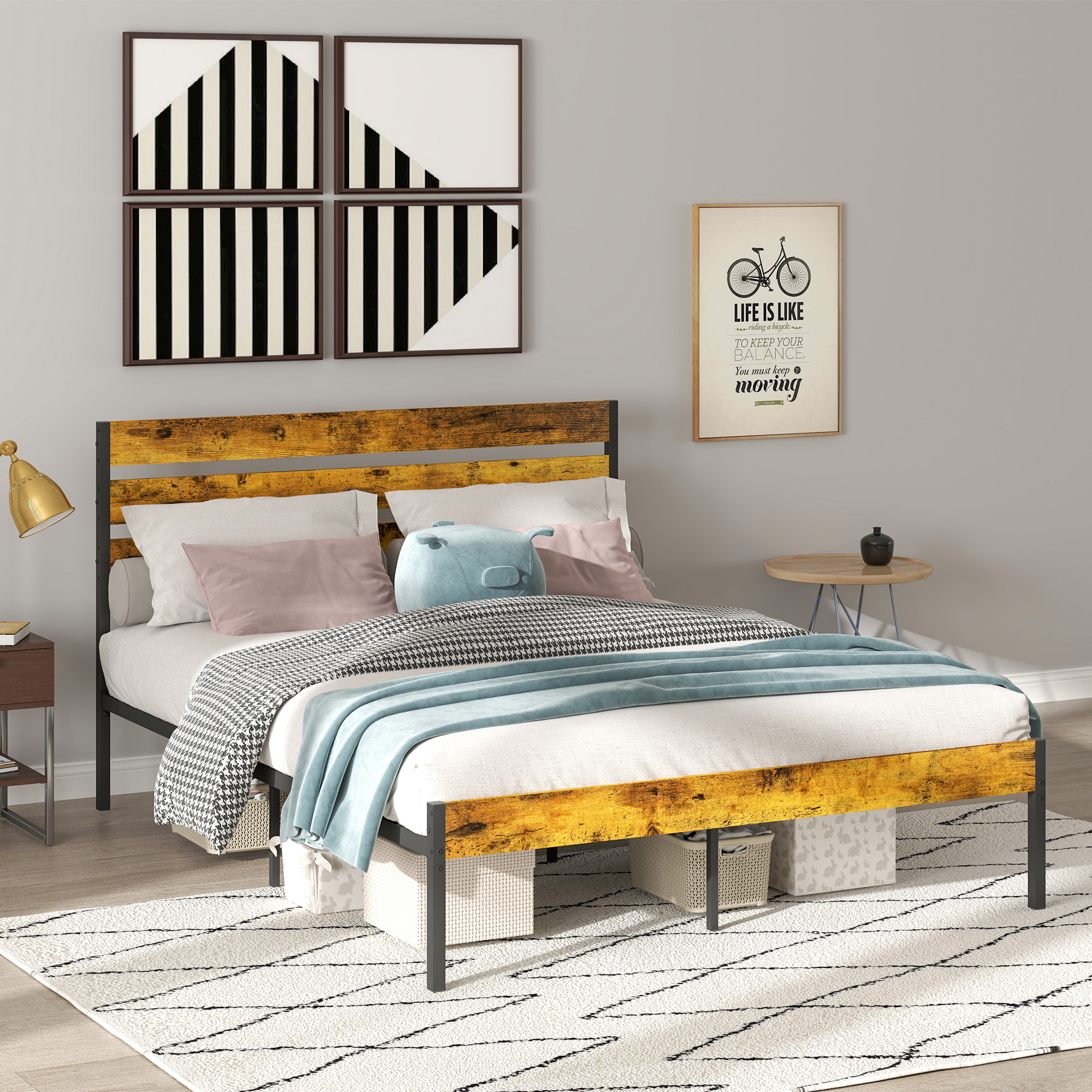 HOMCOM Doppelbettgestell aus Stahl mit Lattenrost und Kopfteil für Matratze 160 x 200 cm, Industriestil