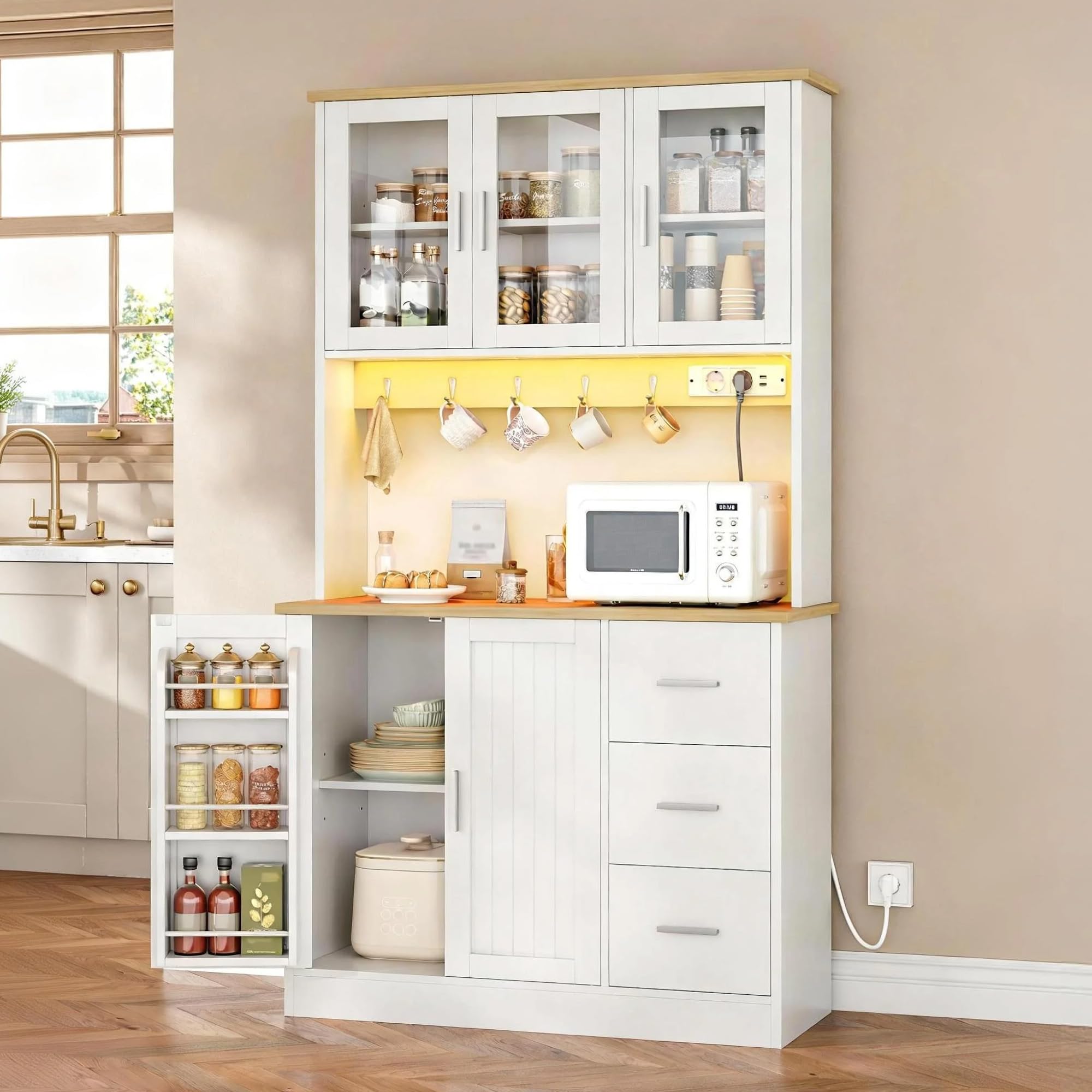 Buffetschrank Küchenschrank mit 3 Glastüren, 3 Schubladen und 6 Ablagen hinter den Türen, 100 cm breit