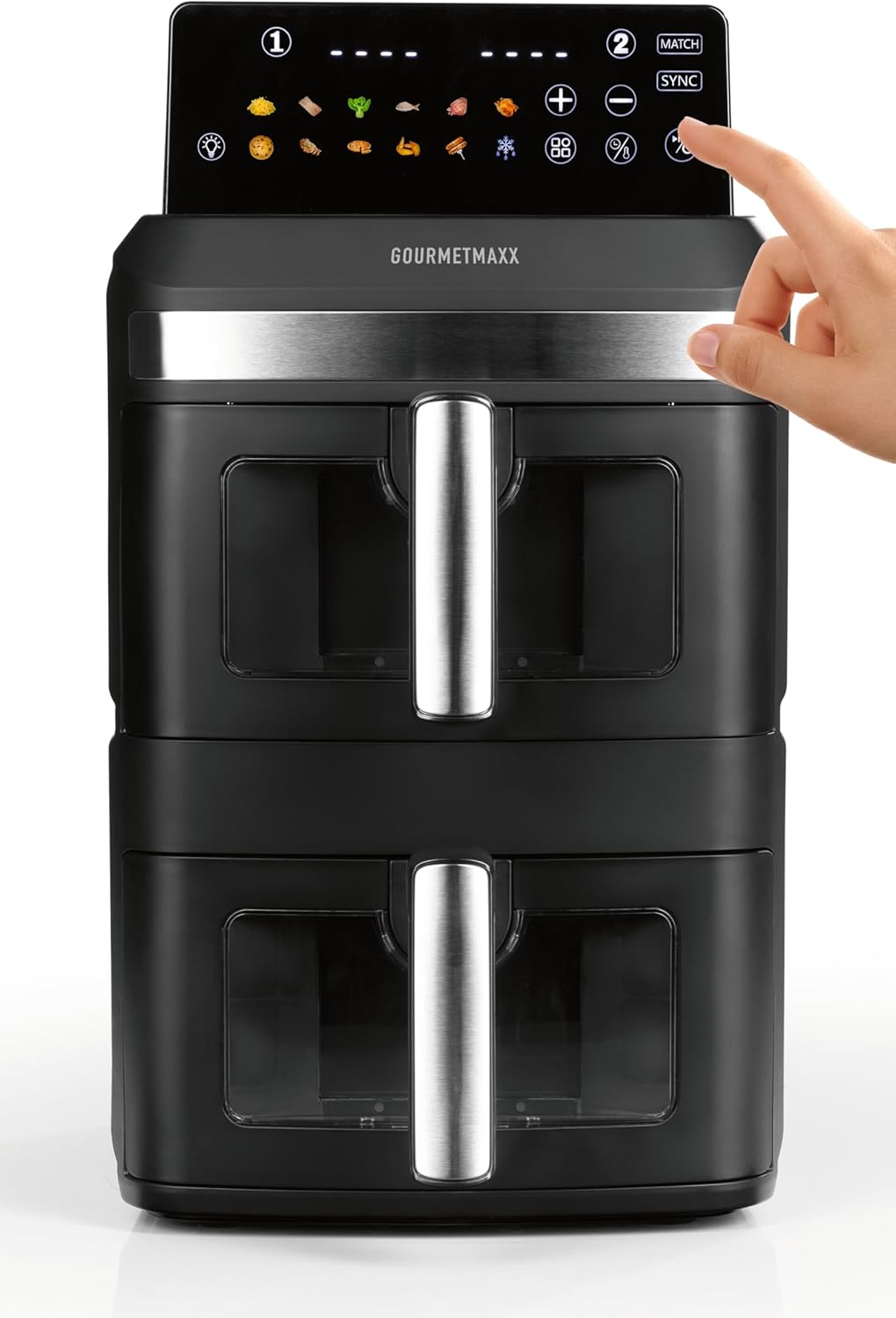 GOURMETmaxx FryUp XL - Friggitrice ad aria calda a doppia camera verticale con finestra – 12 l | Airfryer con display touch LED multicolore da 9,6 pollici e 12 programmi | Friggitrice ad aria calda a