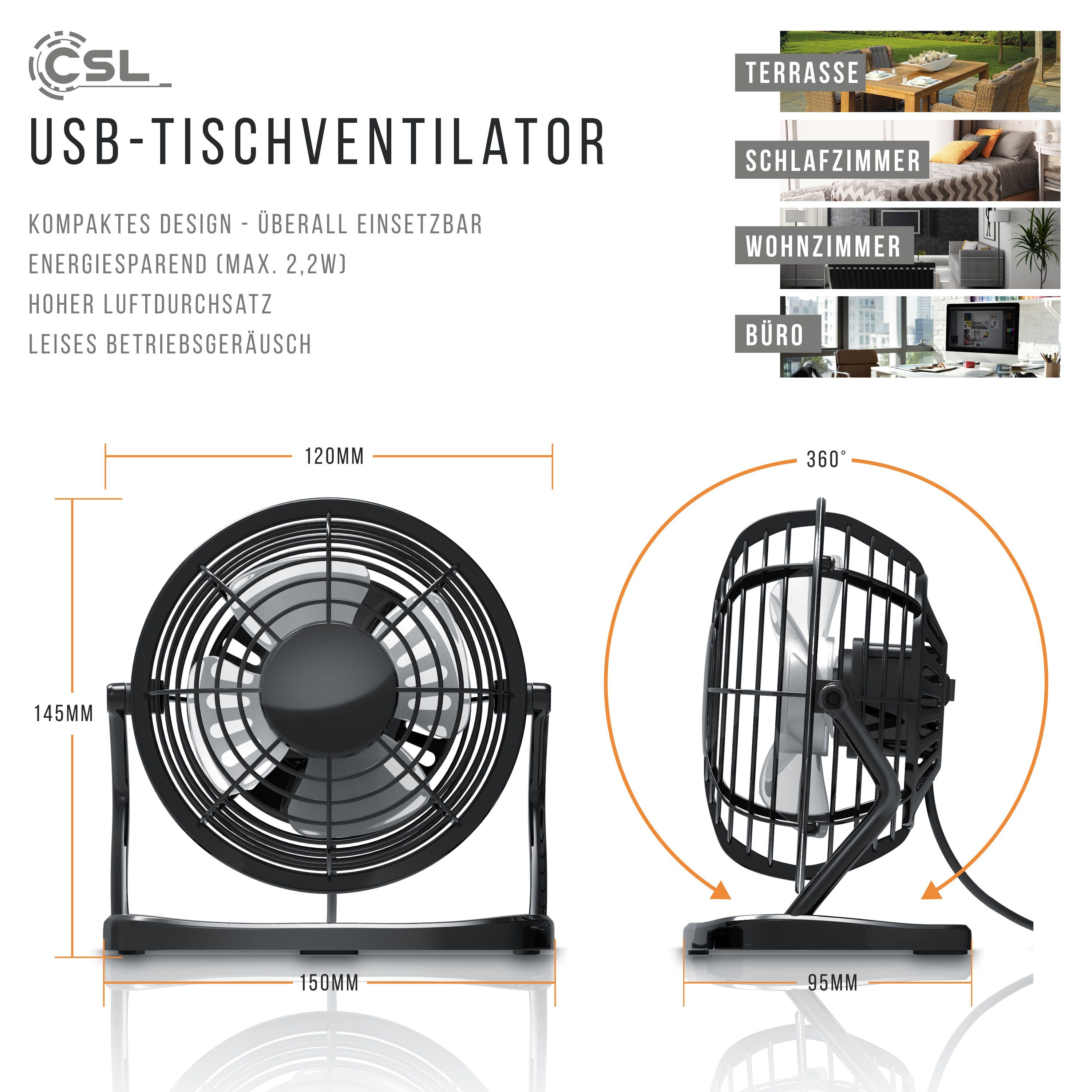 Mini USB-Ventilator Tischventilator, stromsparend, ruhiger Lauf, 360° neigbar, Fan Lüfter
