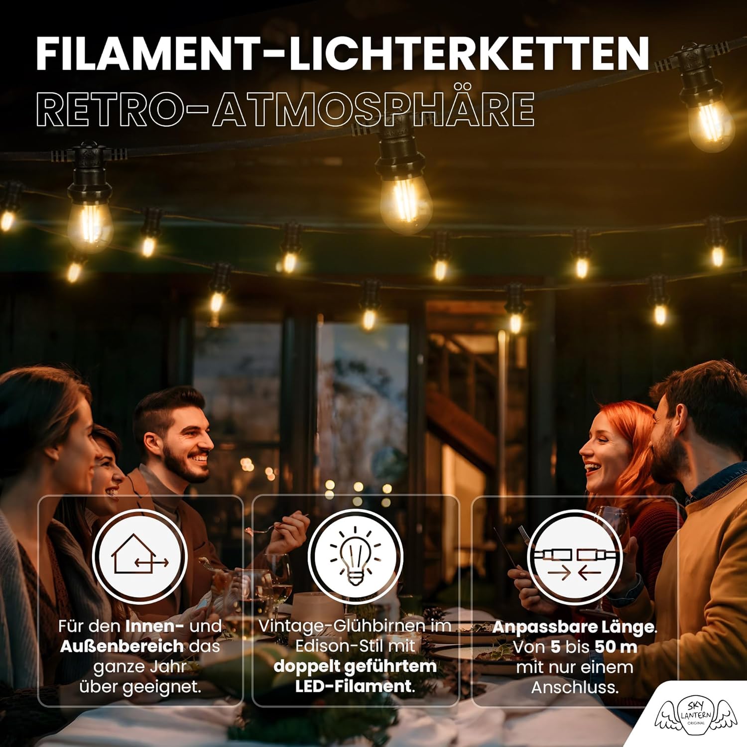 SKYLANTERN Guinguette Lichterkette, 30 m, 90 Glühbirnen, warmweiß, dimmbar – Lichterkette Leuchtmittel E27 transparent – LED Filament Retro