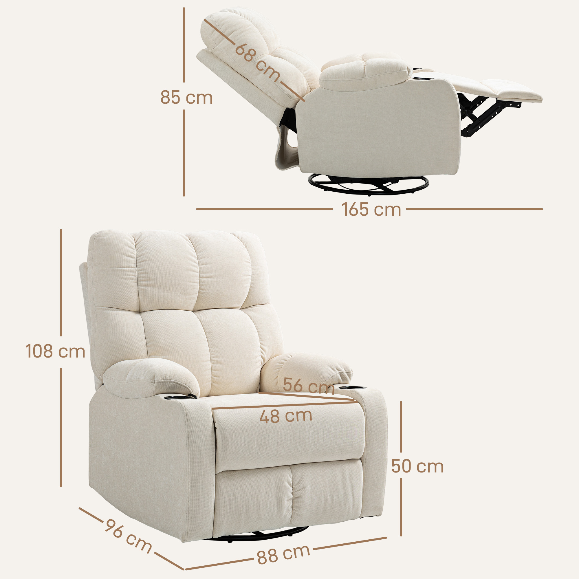 HOMCOM Relaxstoel met Voetensteun, Ligstoel, Draaibaar tot 150 kg, Stalen Frame, 88x96x108cm, Beige