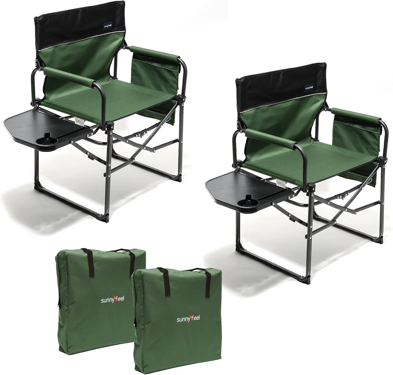 The camping supervisor uses portable folding chairs with side tables and storage bags. These are sturdy and durable, suitable for adults for outdoor use. Each set consists of two (black color)
