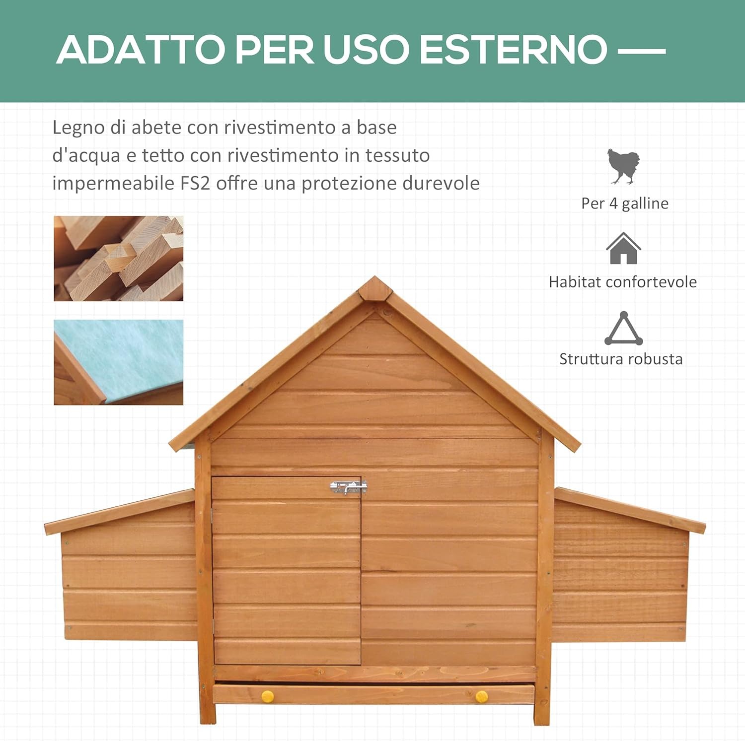 PawHut Pollaio da giardino Gabbia per Galline in Abete, legno e verde, 160x98.5x107cm