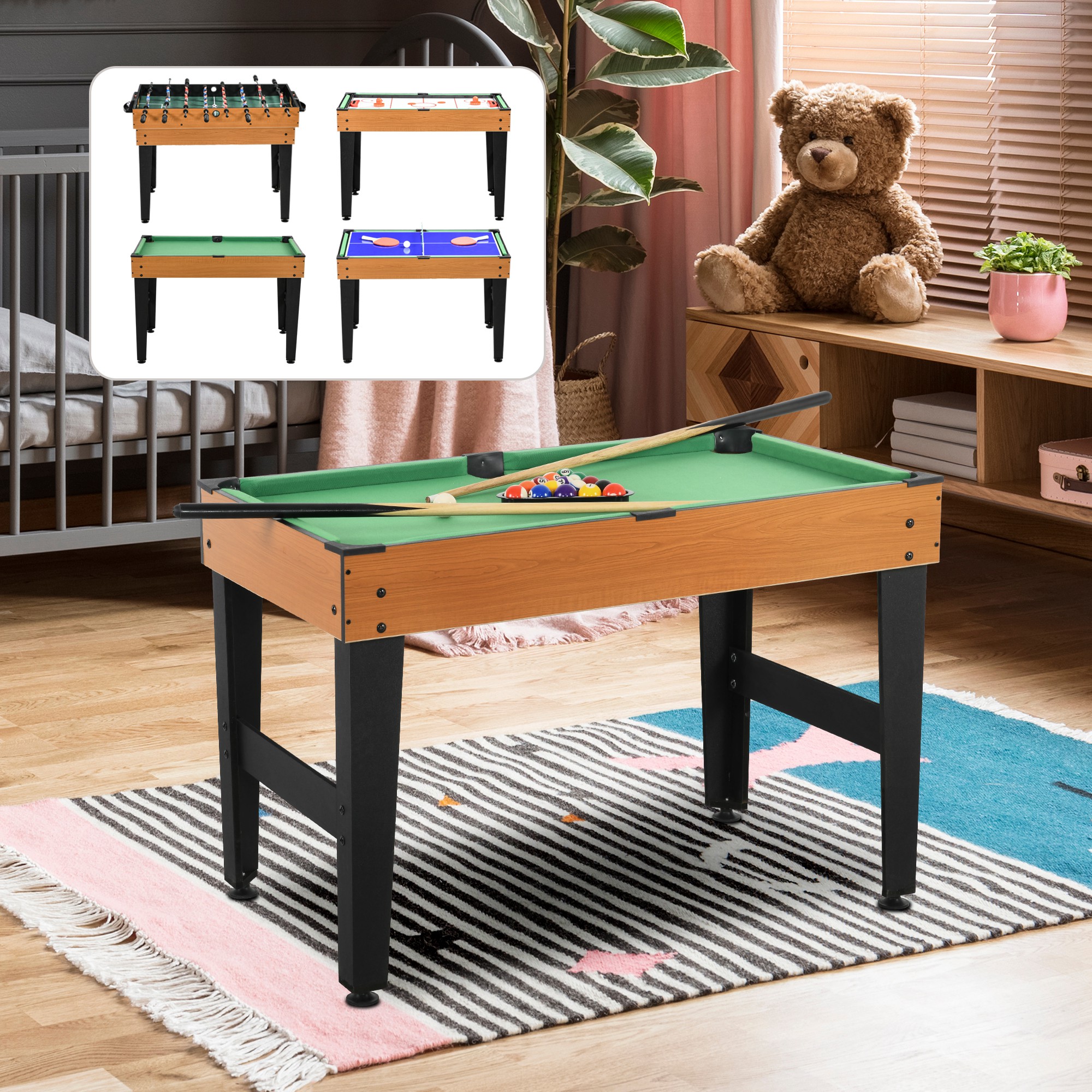 HOMCOM 4-in-1 Partyspieltisch inkl. Tischtennis, Kicker, Billard, Tischhockey, Metall, Holz, Natur+Schwarz