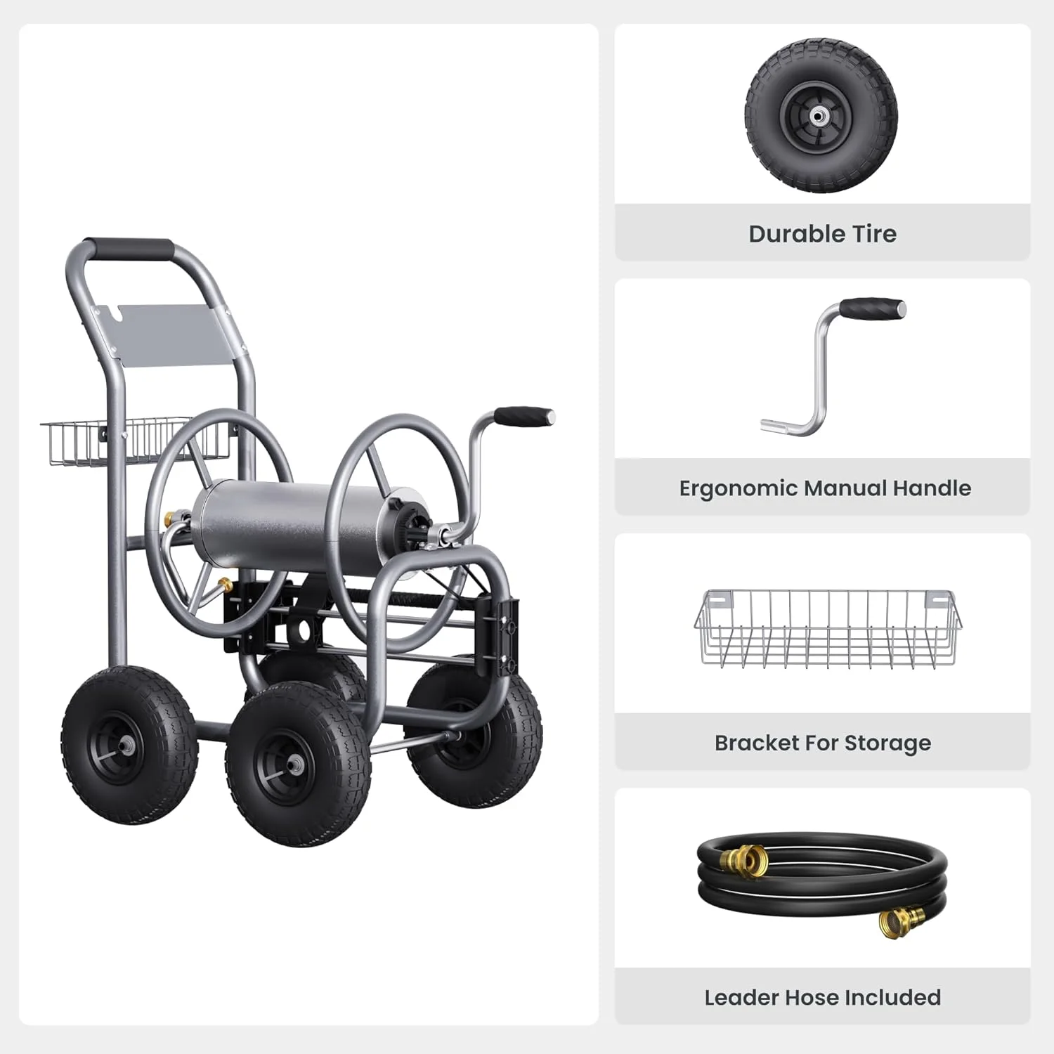 Giraffe Tools Heavy Duty Industrial Garden Hose Reel Cart with Wheels, 5/8in-250ft Hose Capacity