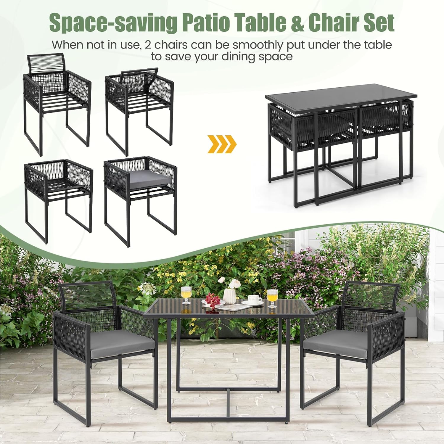 KOMFOTTEU 3 Piece Furniture Set, Table and 2 Chairs Set PE Rattan Dining Set with Folding Chairs, Removable Cushions, Glass Table for Garden, Patio, Terrace