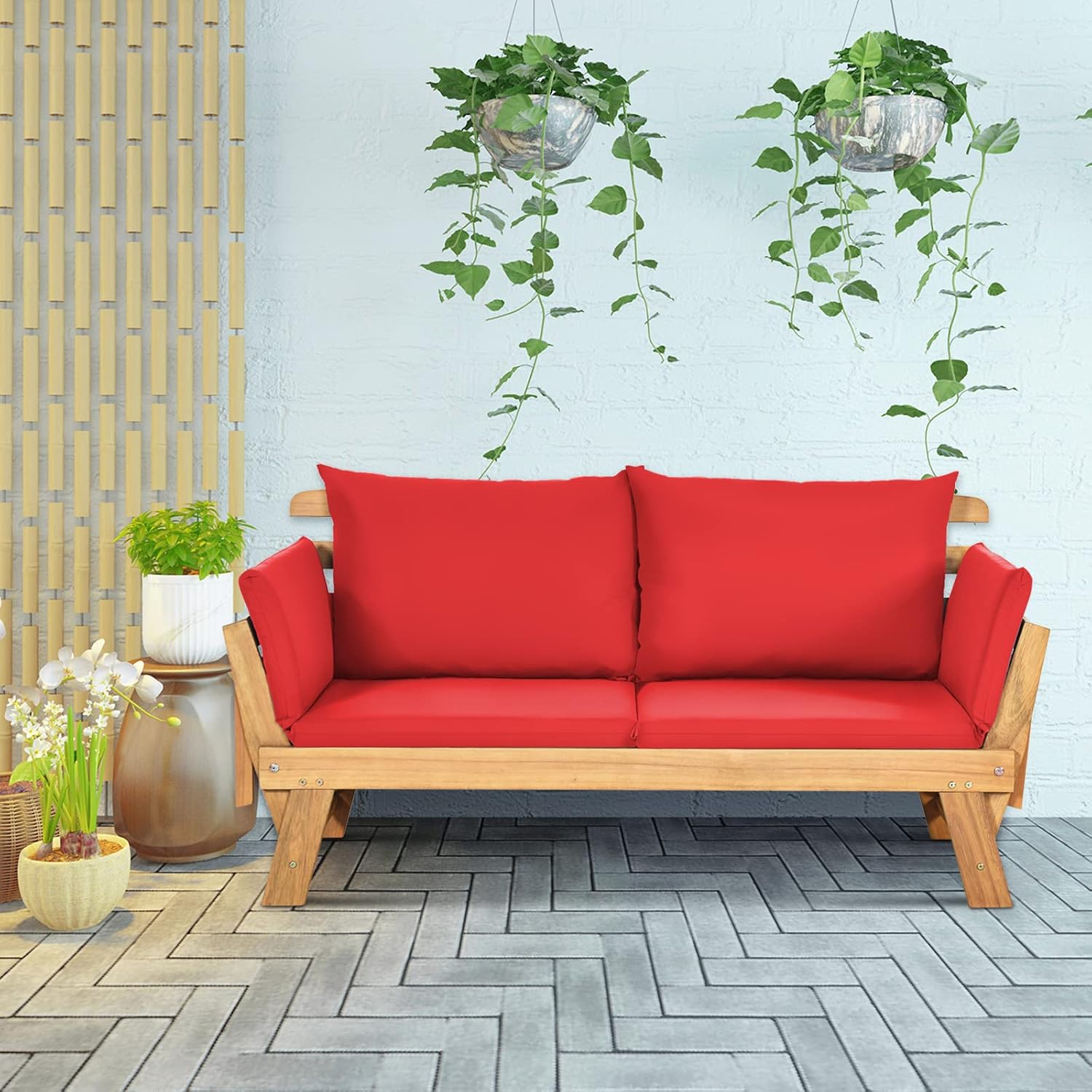 GYMAX 2 in 1 Outdoor Sofa 2 Seater Garden Sofa Bed with Cushion, Folding Wooden Garden Lounger with Adjustable Armrests, Garden Sofa Set, 157-198 x 75 x 75 cm (Red)