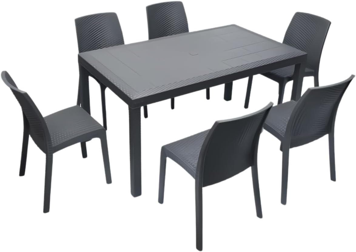 Tomaino - Set of 6 Stackable Plastic Garden Chairs and Chairs - Outdoor Chair and Table Dining Set 6 Seater Polypropylene Rattan Effect - 150 x 90 x 74h cm - for Balcony, Terrace (Black)