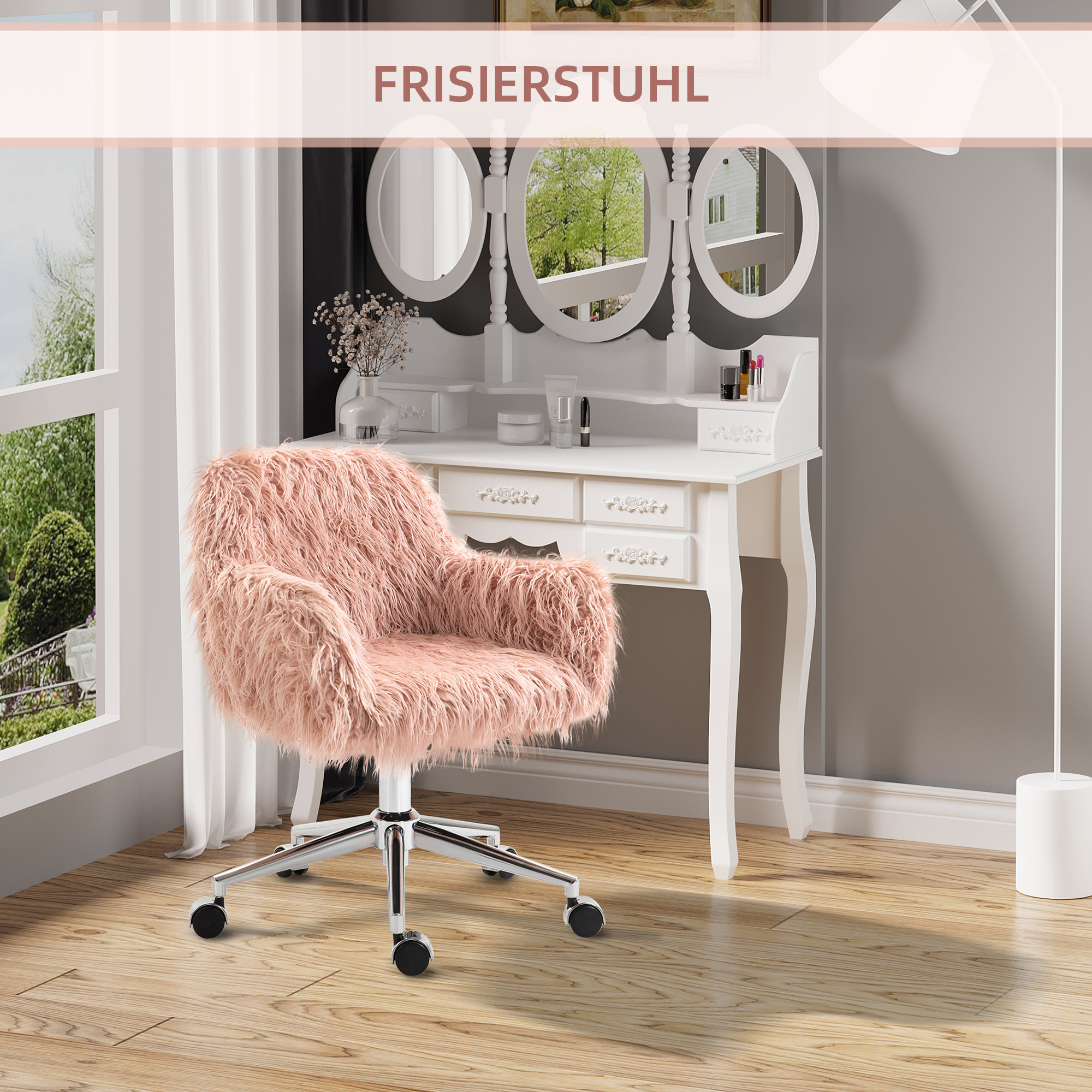 Vinsetto Chefstoel, Schminkstoel met kunstbontzitting en hoogteverstelling, Roze, 57x60x75-85 cm