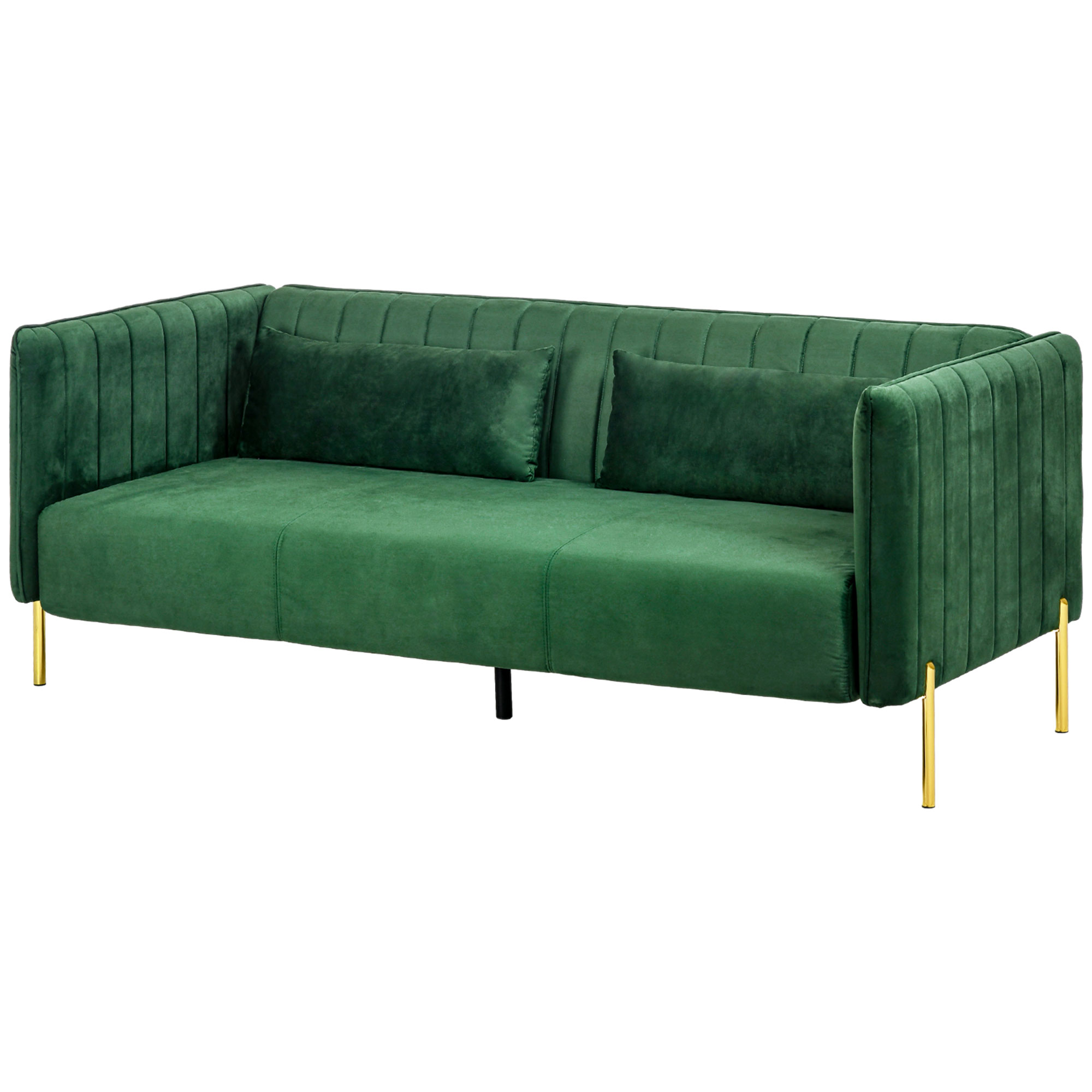 HOMCOM Sofa 3-Sitzer-Sofa Couch, inkl. 2 Kissen, Samtoptik, Retro-Design, abnehmbarer Bezug, 195 cm x 88 cm x 76 cm Grün