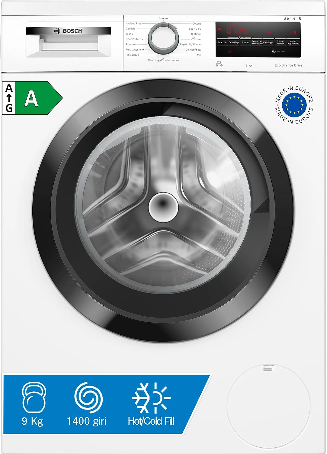 Bosch WUU28T29II Serie 6 Lavatrice a carica frontale, 9 kg, 1400 giri, Efficienza energetica A, motore inverter con 10 anni di garanzia Hygiene Plus﻿﻿, Top removibile, Funzione Aggiungi bucato, 60 cm.
