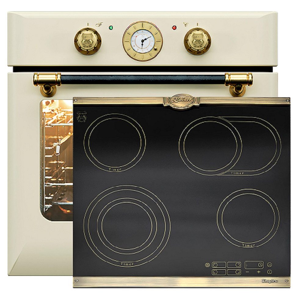 Backofen-Set Herd Set Autark Retro Einbau Backofen Elektro, 68 L mit Glaskeramik Kochfeld 60cm Einbau Herd 4 QuickHeat-Kochzonen Hi-Light EH 6432 ElfBE+KCT 6185 Em,.