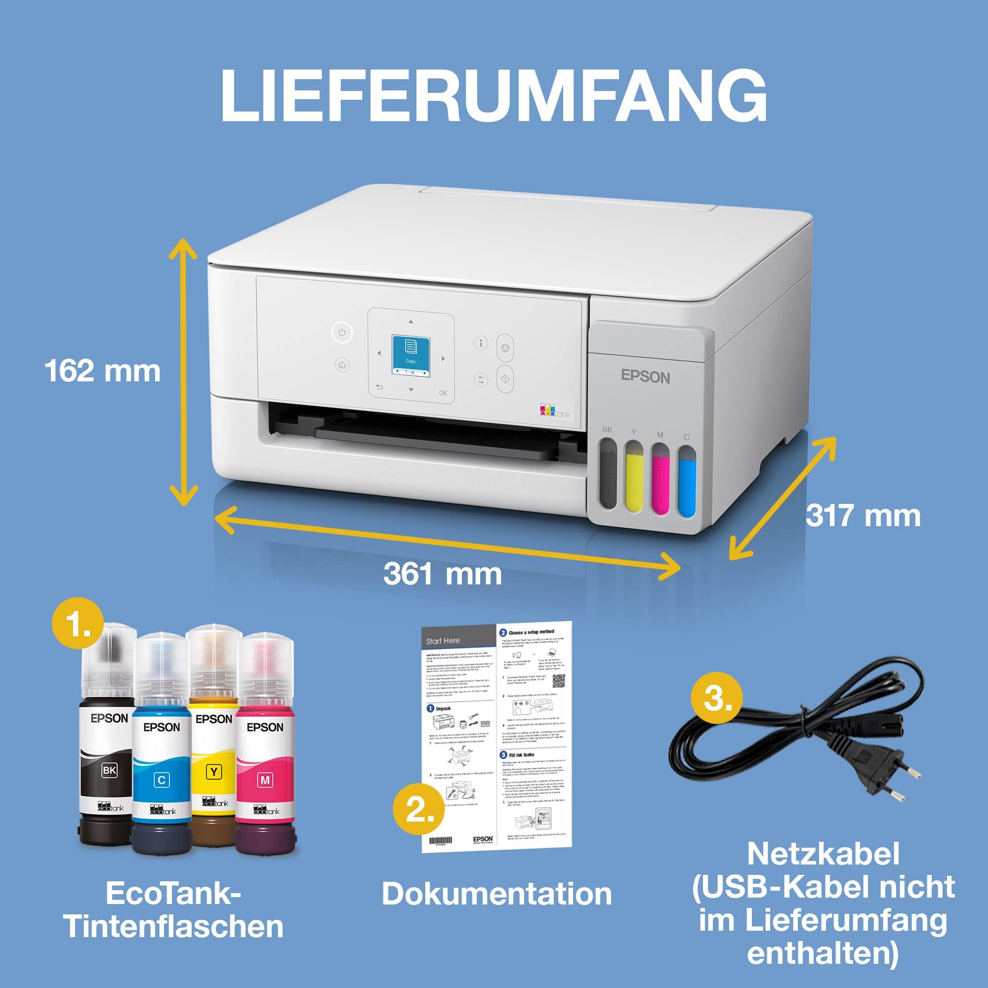 EcoTank ET-2926 Multifunktionsdrucker für Haushalte, WLAN, A4, Drucken, Kopieren, Scannen mit LC-Display und AirPrint, inklusive Tinte für bis zu 3
