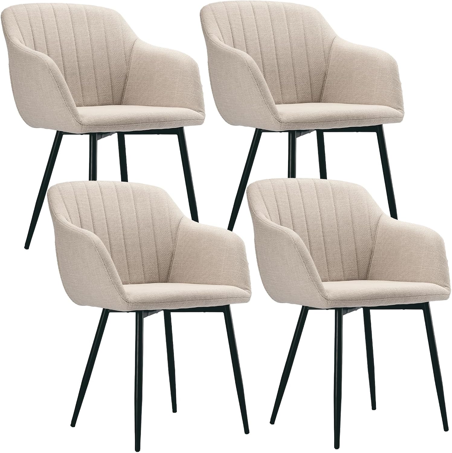 Goeurvant Set of 4 Beige Dining Room Chairs with Armrests Padded Chair for Modern Kitchen in Polyester with Metal Legs
