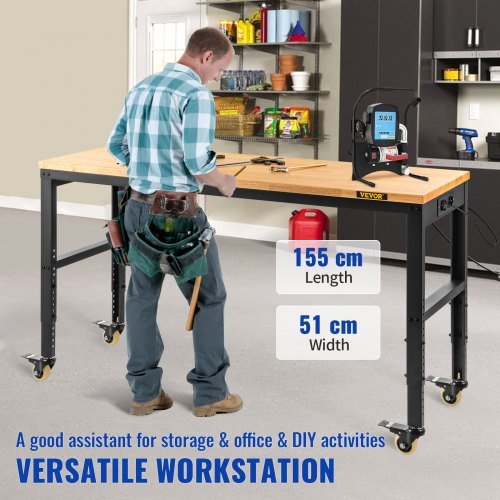 VEVOR Werkbank, höhenverstellbar, 154,9 x 50,8 cm, Garagentisch mit 79,5 cm – 104,9 cm Höhe und 725,7 kg Kapazität, Steckdosen und Hartholzplatte und Metallrahmen und Lenkrollen, für Werkstatt Büro Zu