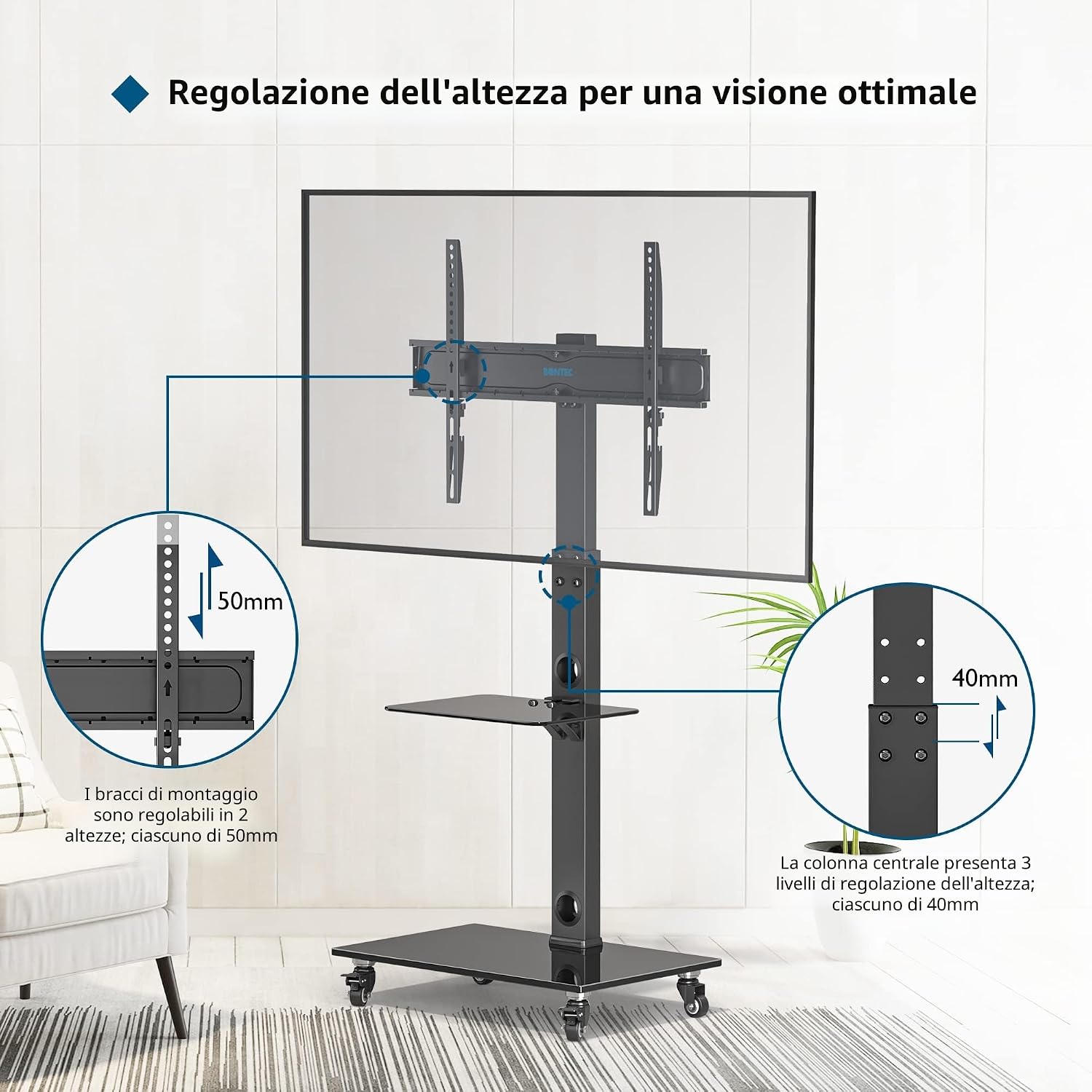 BONTEC Supporto TV da Pavimento da 30-70 Pollici, Altezza Regolabile, Ripiani in Vetro Temperato, Carrello TV Portatile con Ruote, Fino a 40kg, VESA Max 600x400mm