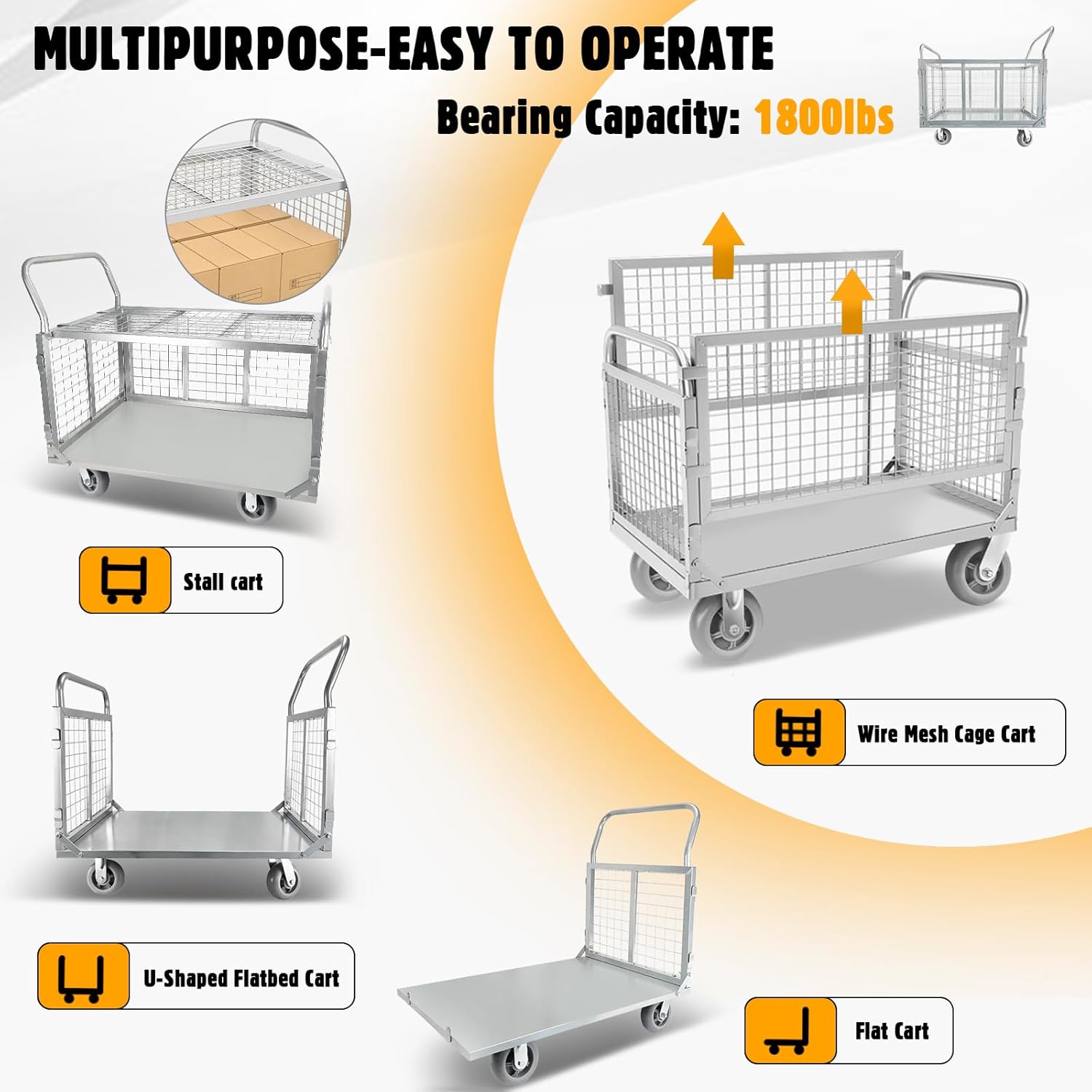 Platform Truck Cart with Cage, 6-in-1 Foldable Dolly, 1800lb Capacity