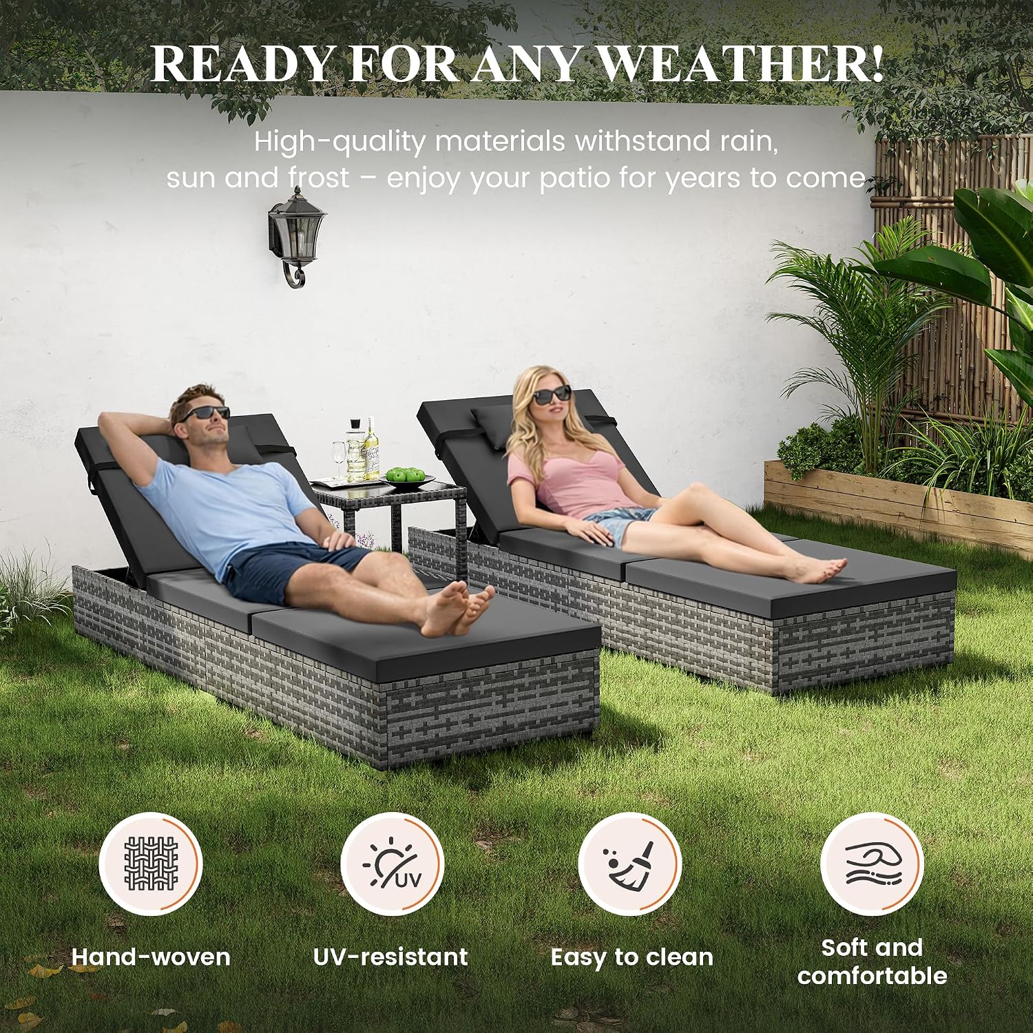 UDPATIO Set di 3 Lettino Prendisole, Poly Rattan, con Cuscino Testa e Tavolo, 5 Regolazioni, Lettini Prendisole da Giardino Impermeabili, per Esterno, Jardín, Patio (Grigio)
