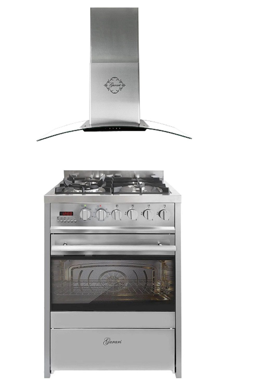 Gas-Standherd 60 cm Edelstahl Gasherd mit Elektrobackofen 60 L Range Coocker mit Dunstabzugshaube 60 cm 1000m³/h Wandhaube GCH E 610 X +GCH T 465 IS 60 BL PRIME