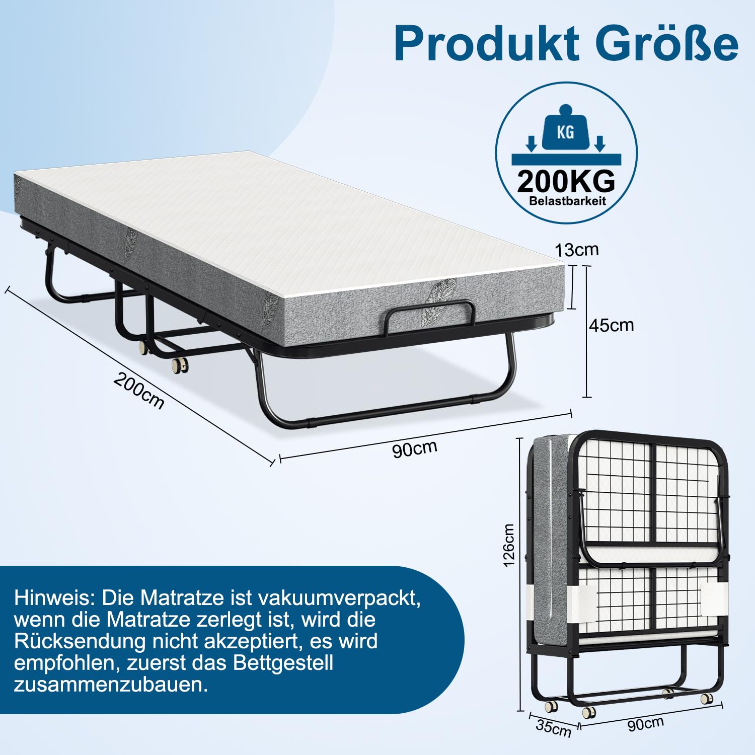 ISOISL Klappbett 90x200cm Gästebett klappbar 13cm dick belastbar bis 200kg platzsparend für Gästezimmer