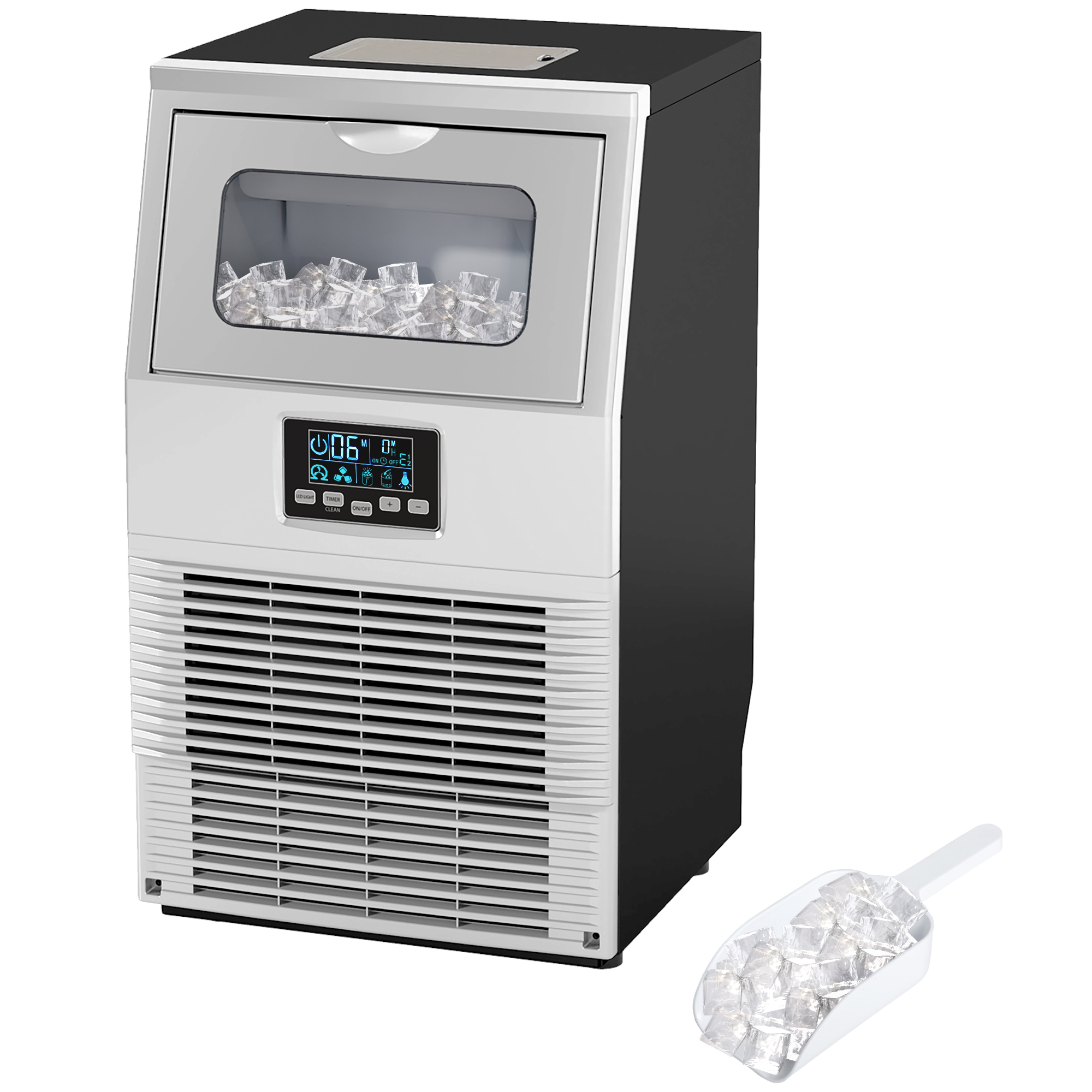 HOMCOM Kommerzielle Eiswürfelmaschine, LED-Beleuchtung, leicht lesbare Anzeigen, mit Schaufel, Silber
