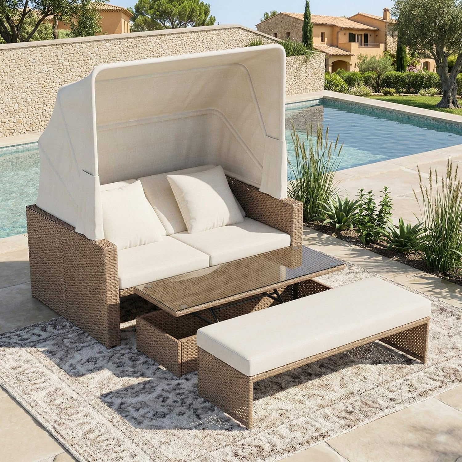 Polyrattan Gartenmöbel für 2-4 Personen, Gartensofa, Loungesofa, Verstellbarer Couchtisch, Abnehmbare Markise, PE-Rattan und Schwamm, Khaki
