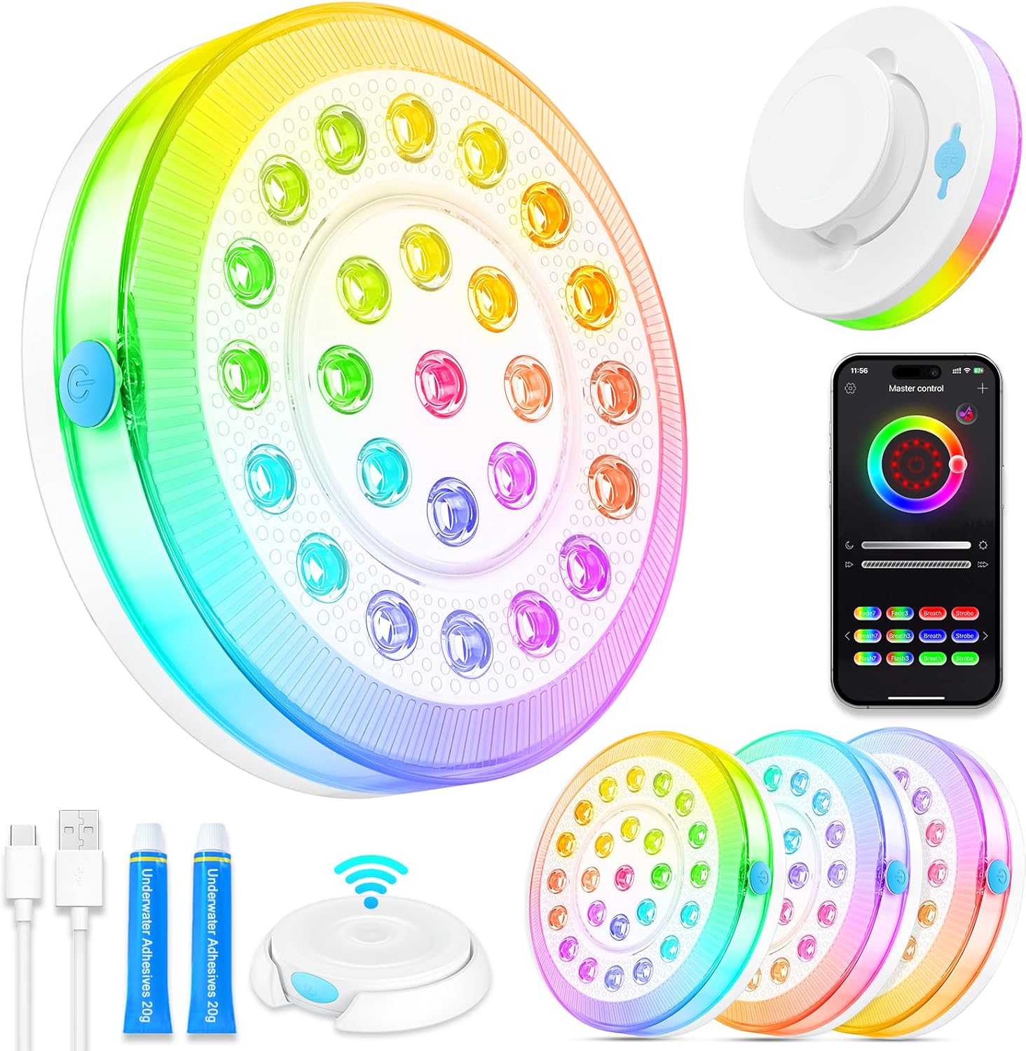 Pool-Lichter für oberirdische Pools, tragbar, intelligent, magnetisch, Unterwasser-LED-Licht, wiederaufladbar, mit BT-App-Steuerung, wasserdicht, IP68, Farbwechsel, Sound/Musik-Synchronisation,