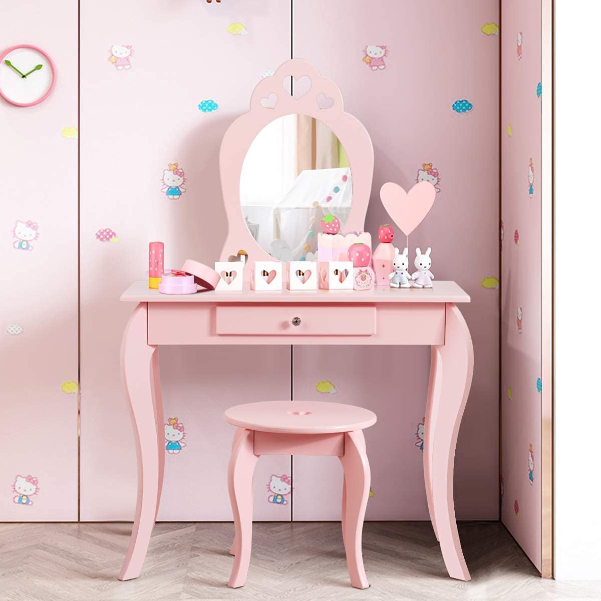 Fireflowery 2 in 1 Vanity Table with Detachable Top, Real Mirror & Drawer, Pink/White, Ideal for Girls