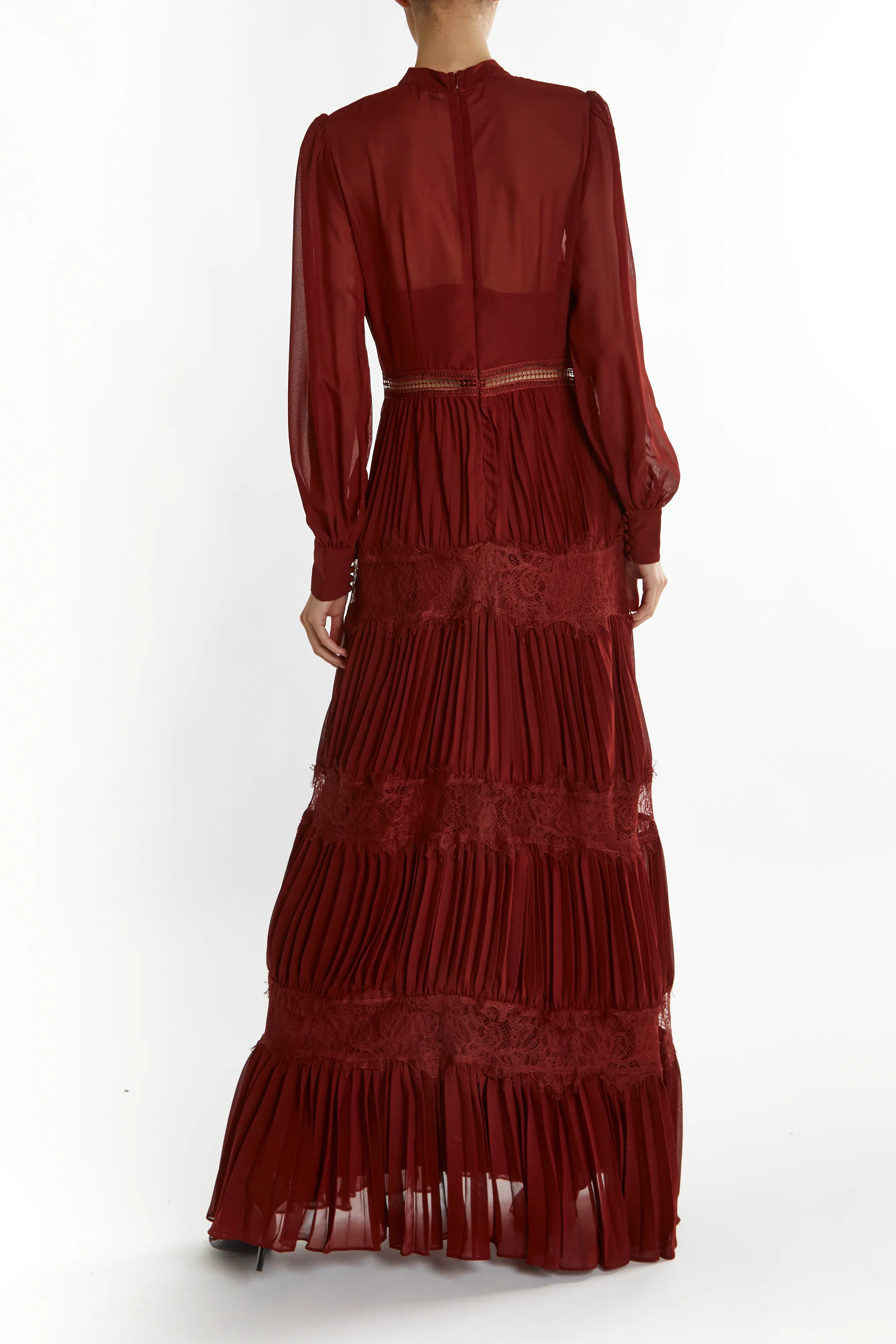 Holly Burgundy High-Neck Pleated Maxi Dress