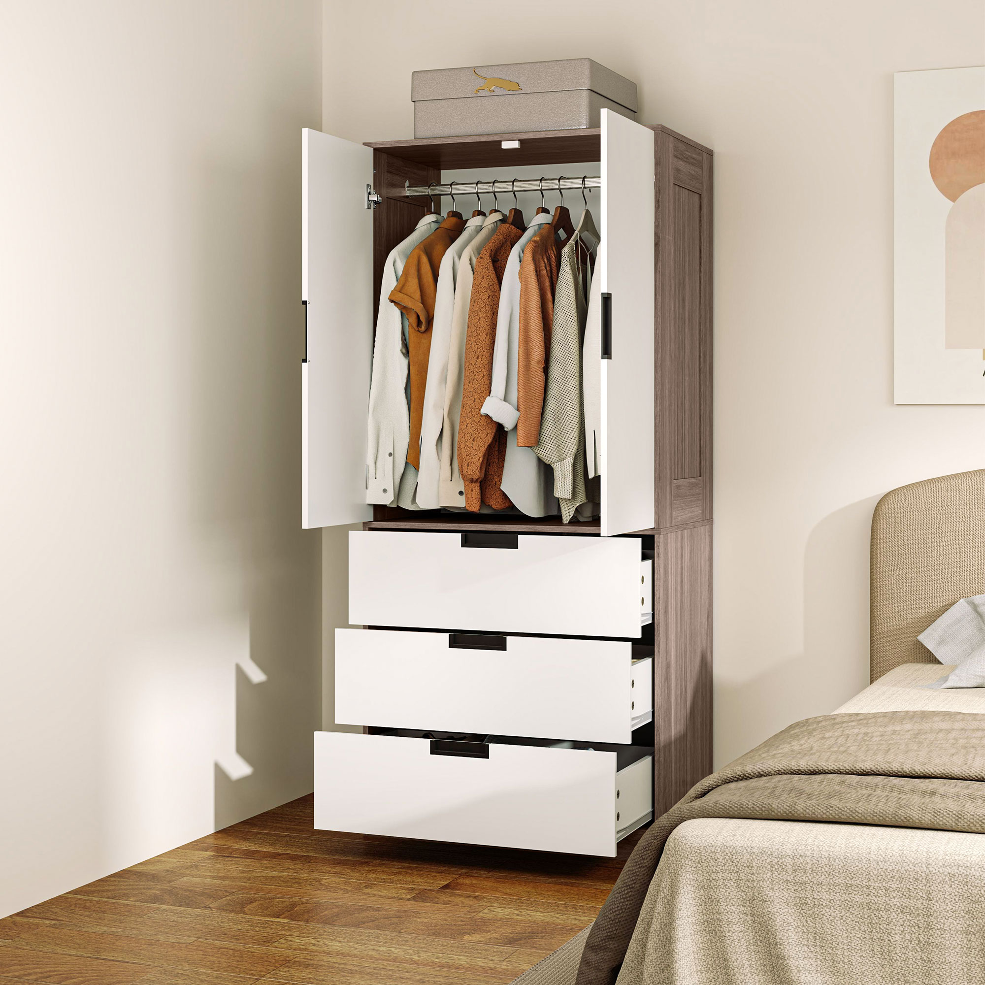 HOMCOM Kleiderschrank mit 2 Türen, moderner Schrank mit 3 Schubladen und Kleiderstange für Schlafzimmer, braun