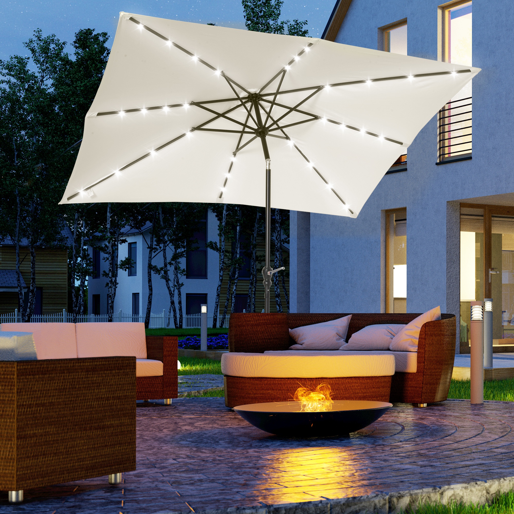 Outsunny Gartenschirm Gerader 3 x 2 m neigbar rechteckig LED-Sonnenschirm Solar aus Stahl und Polyester in Creme