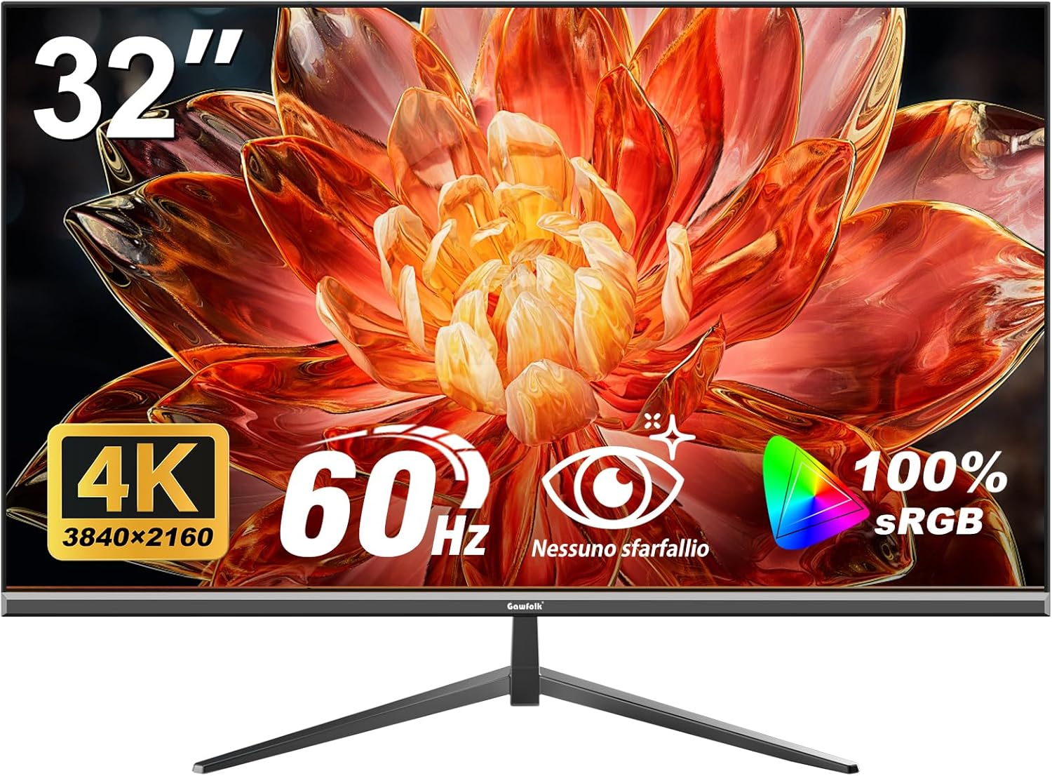 Gawfolk Monitor per computer 32 pollici 4K UHD, schermo ultra chiaro (3840×2160p), 100% sRGB, angolo di visione di 178 °, HDMI, porta display, compatibile con montaggio a parete 100 * 100 mm - nero