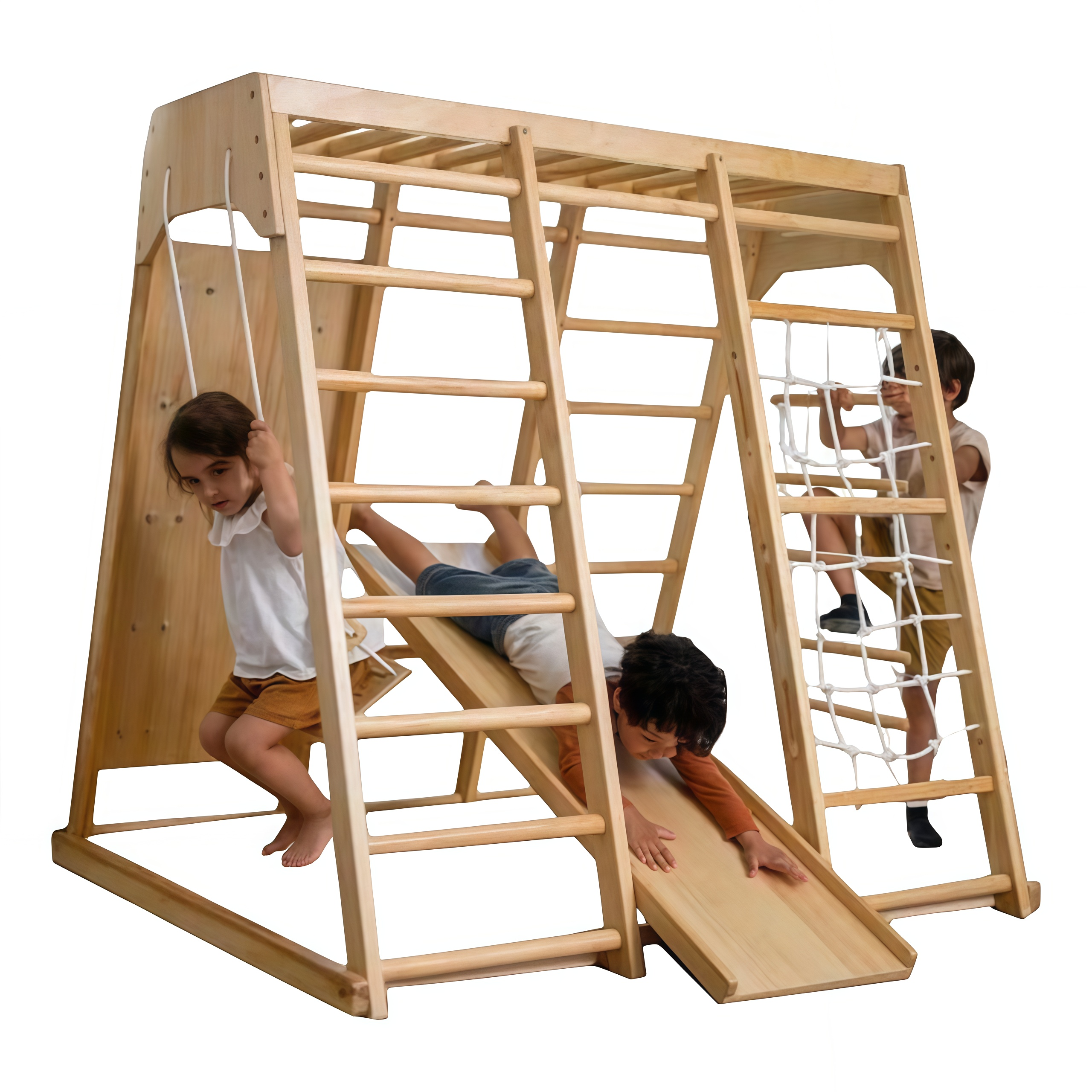 Avenlur Magnolia Parque Infantil Interior Gimnasio Jungle 6 en 1 Estilo Montessori Waldorf Juego de Escalada de Madera con Tobogán, Pared de Escalada, Escalera de Cuerda, Barras de Mono y Columpio para Niños de 2 a 6 años