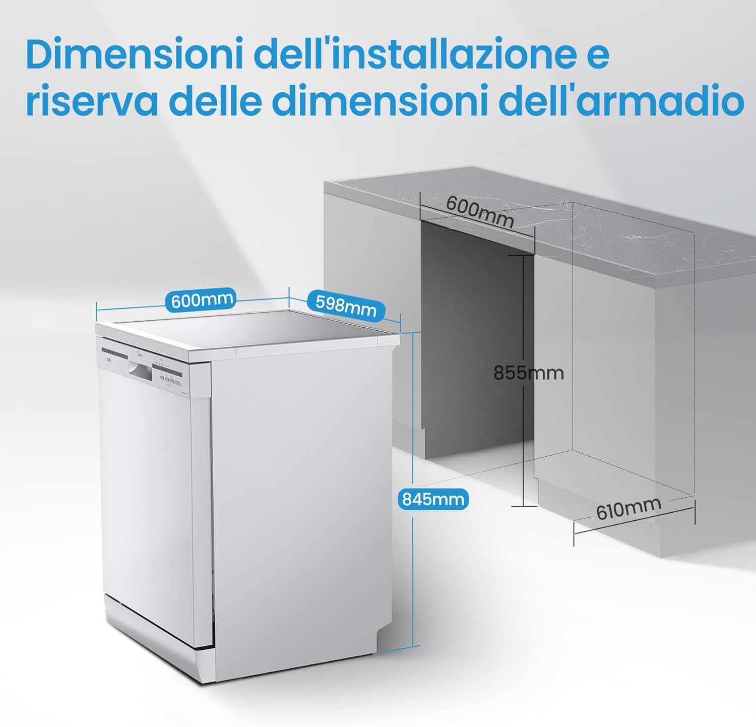 Midea MFD60S200X.1-IT Dishwasher Freestanding with 14 Places, 8 Programs, LED Display, Delay Start, Half Load Function, Extra Drying - Stainless Steel