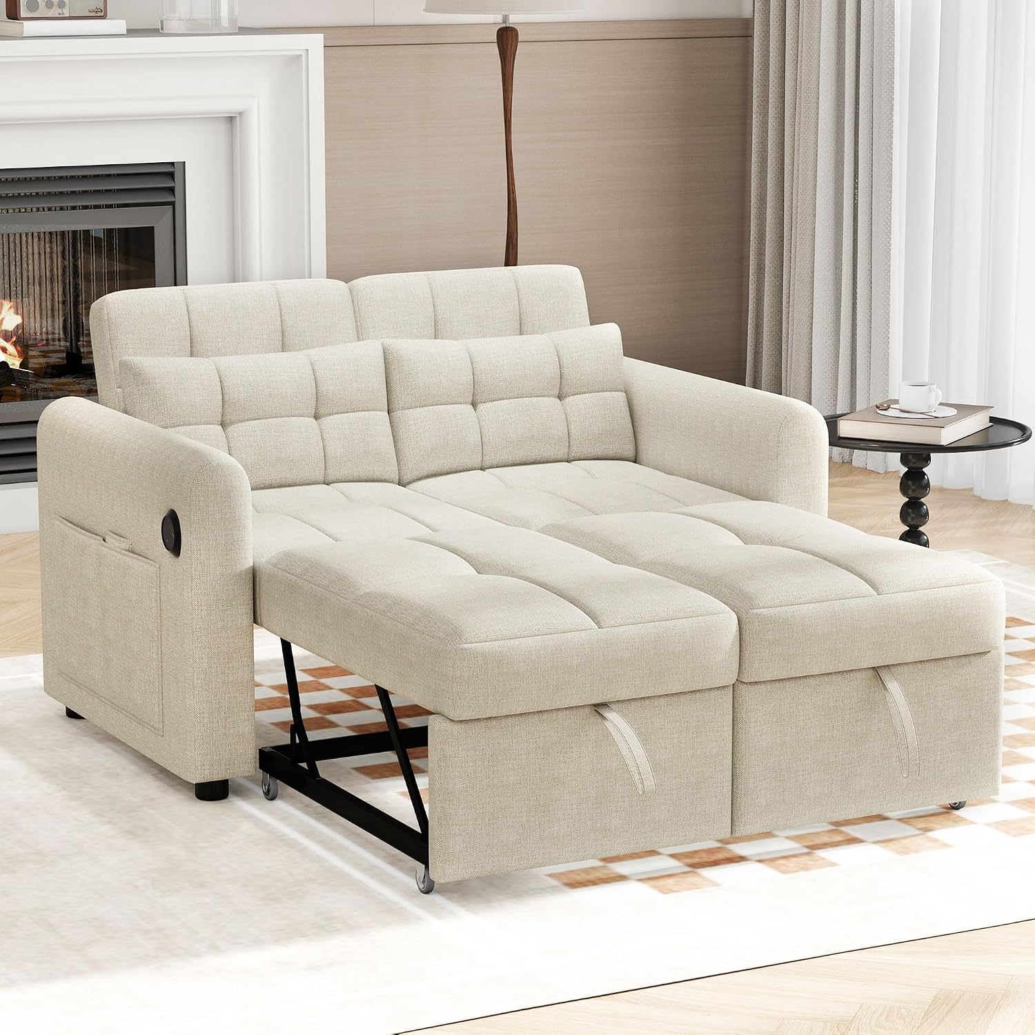 DRIXNO Loveseat-Sofa, 3-in-1-Ausziehsofa mit Verstellbarer Rückenlehne, Armlehnentaschen und Kissen. Geeignet für Wohnzimmer, USB, Schlafzimmer