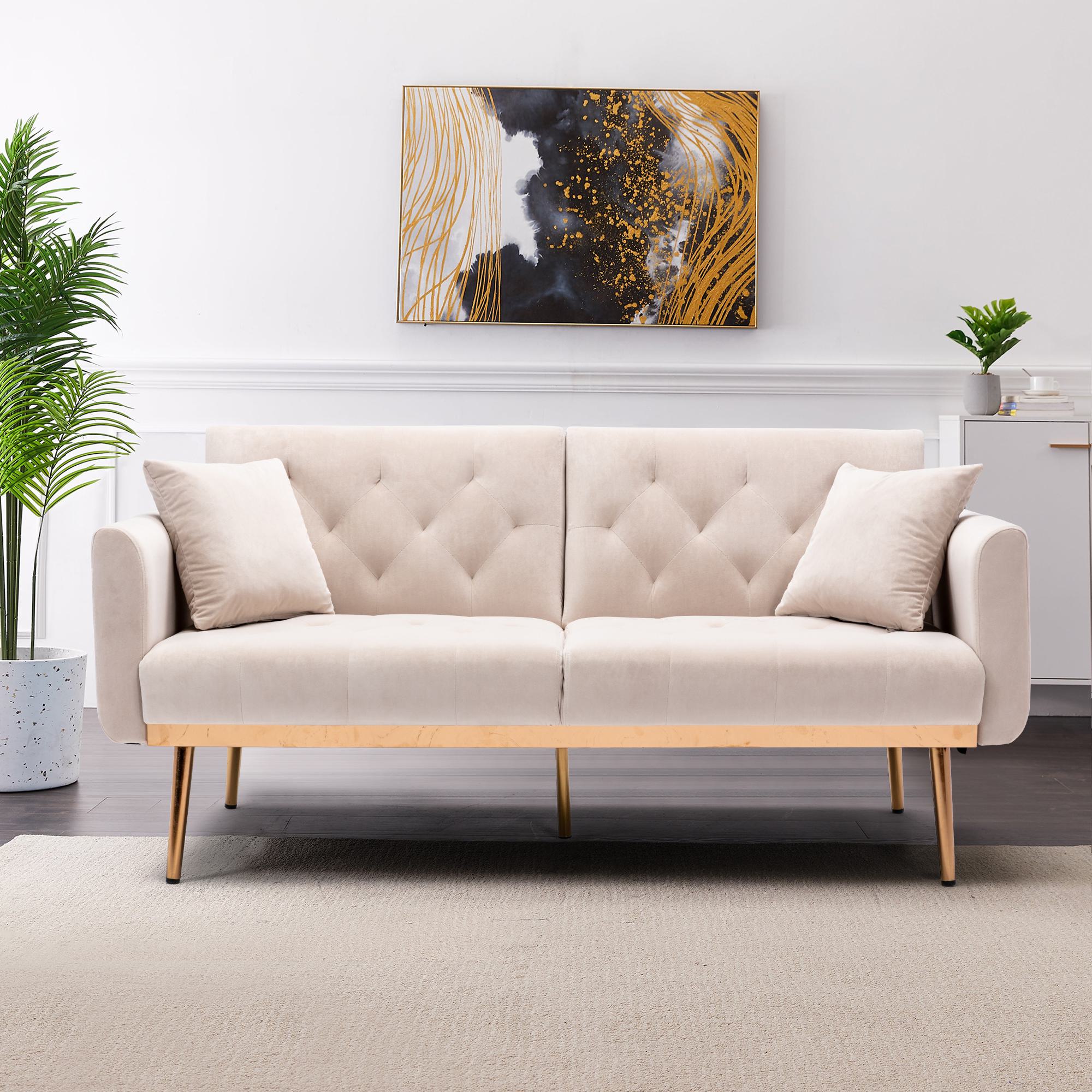 3-Sitzer-Sofa in Samtoptik, verstellbares Schlafsofa, bequem zum Sitzen oder Schlafen, für Wohnzimmer und Schlafzimmer, 162x78x80 cm, Beige
