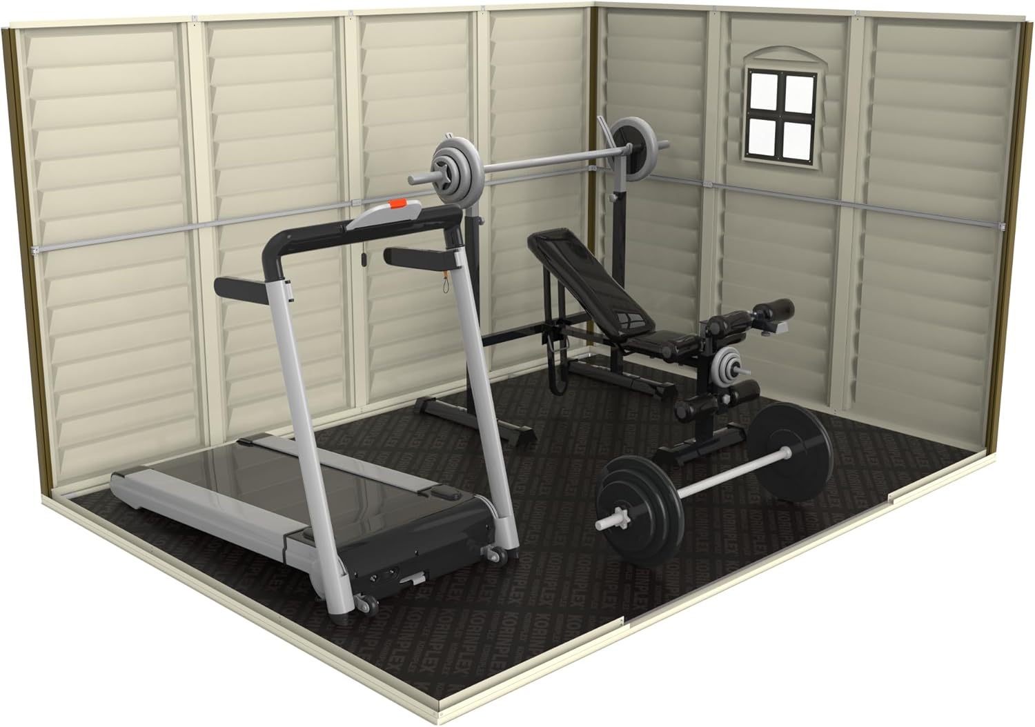 Duramax WoodSide 10 x 8 (7.64 m²) Kunststoff gerätehaus mit 3 festen Fenstern und Metallfundamentset, Gerätehaus, wartungsfreie und robuste und Dachstruktur aus Metall, Ivory/Brown