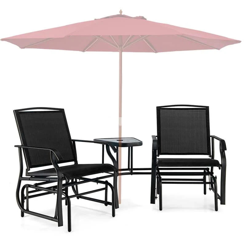 2 Person Double Swing Glider Chair Sling Fabric Porch Rocker With Glass Table Amp 173Quot Umbrella Hole - Comfortable And Ergonomic Design