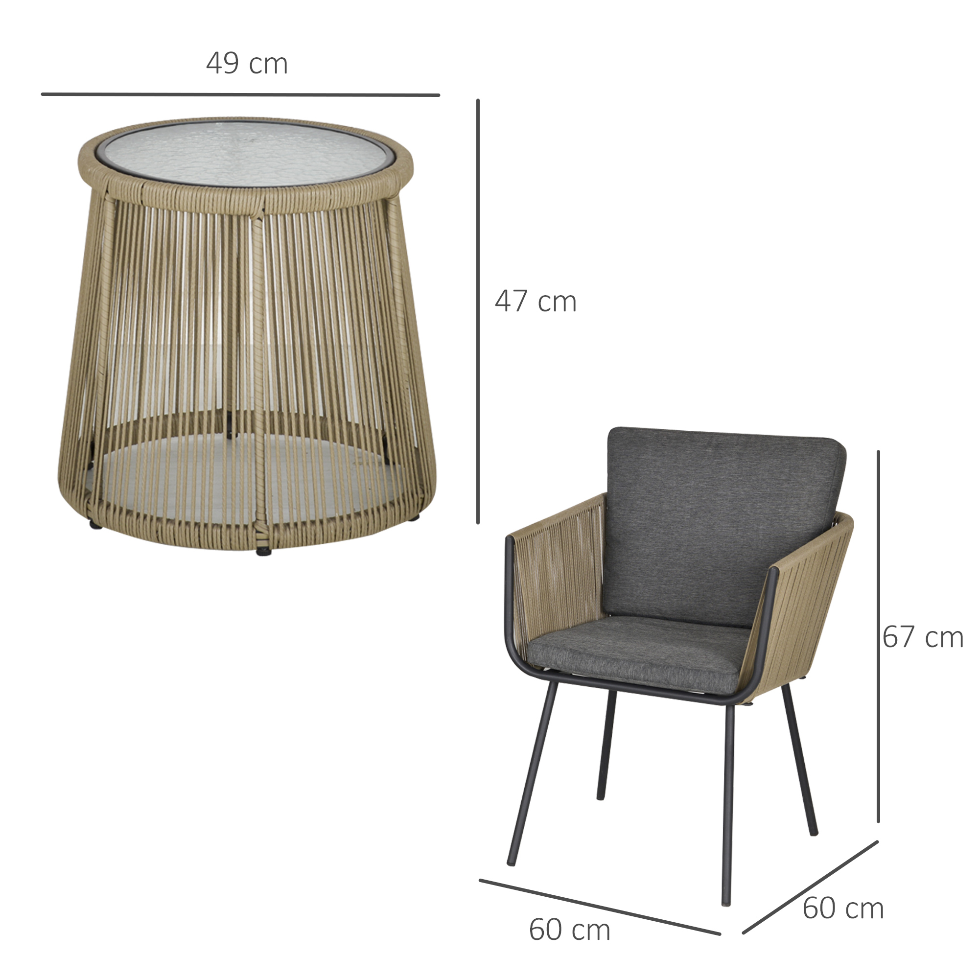 3-delige loungeset, 2 stoelen, bijzettafel, zit- en rugkussens, gehard glazen tafelblad, kunstrotan, grijs