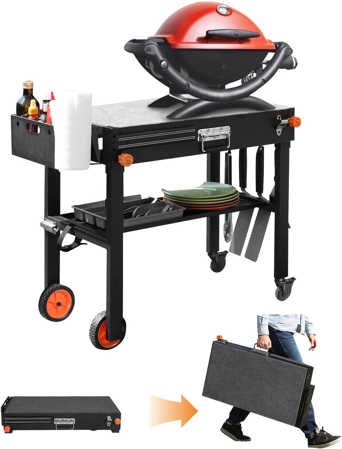 Portable Grill Table with Wheels   Folding Outdoor Grill Stand