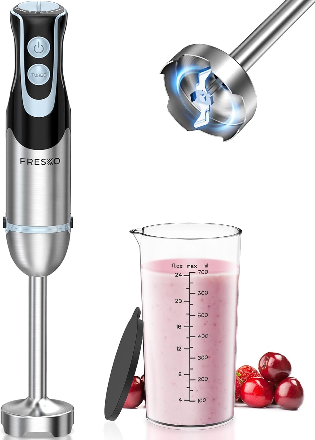 FRESKO 4-in-1 Hand Blender, 1000W Minipimer 304 Stainless Steel Immersion Blender, with 12 Speeds and Turbo Mode, Spray-Proof Design, Includes Measuring Cup, Chopper and Whisk (HB3302)