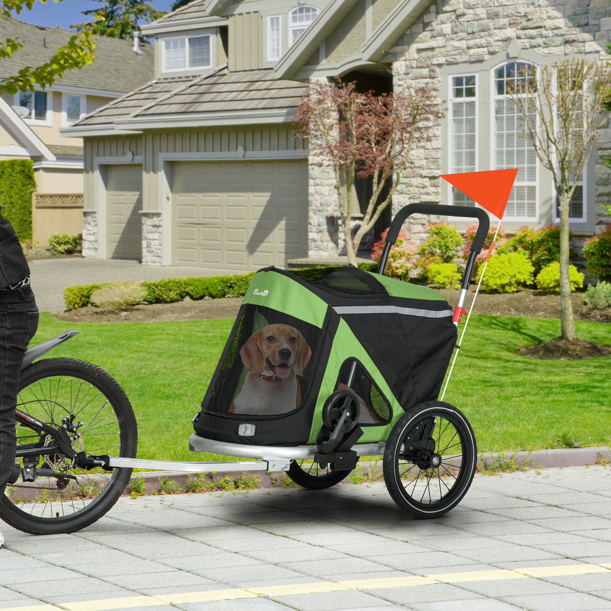 2-in-1 Hondenbuggy Hondenjogger Fietskar, 2 Reflectoren, 1 Veiligheidslijn, 150 x 68 x 95 cm, Groen