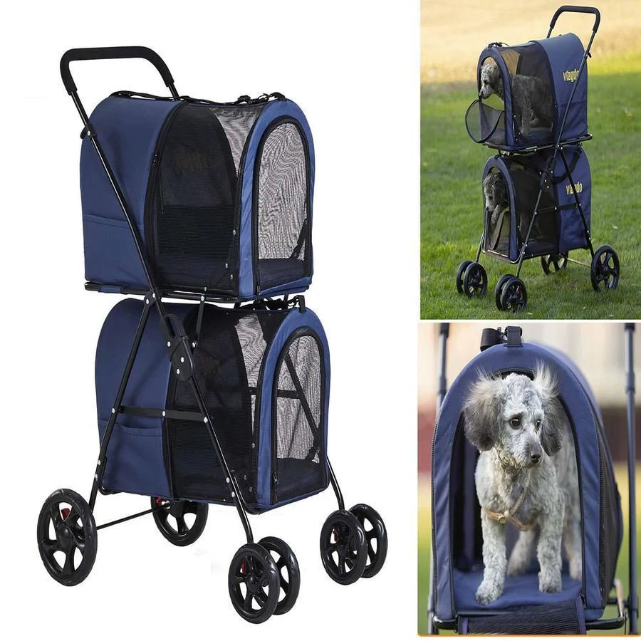 2025 Carrito Doble para Mascotas 42", para 2 Perros o Gatos, Plegable con Suspensión, Azul Marino